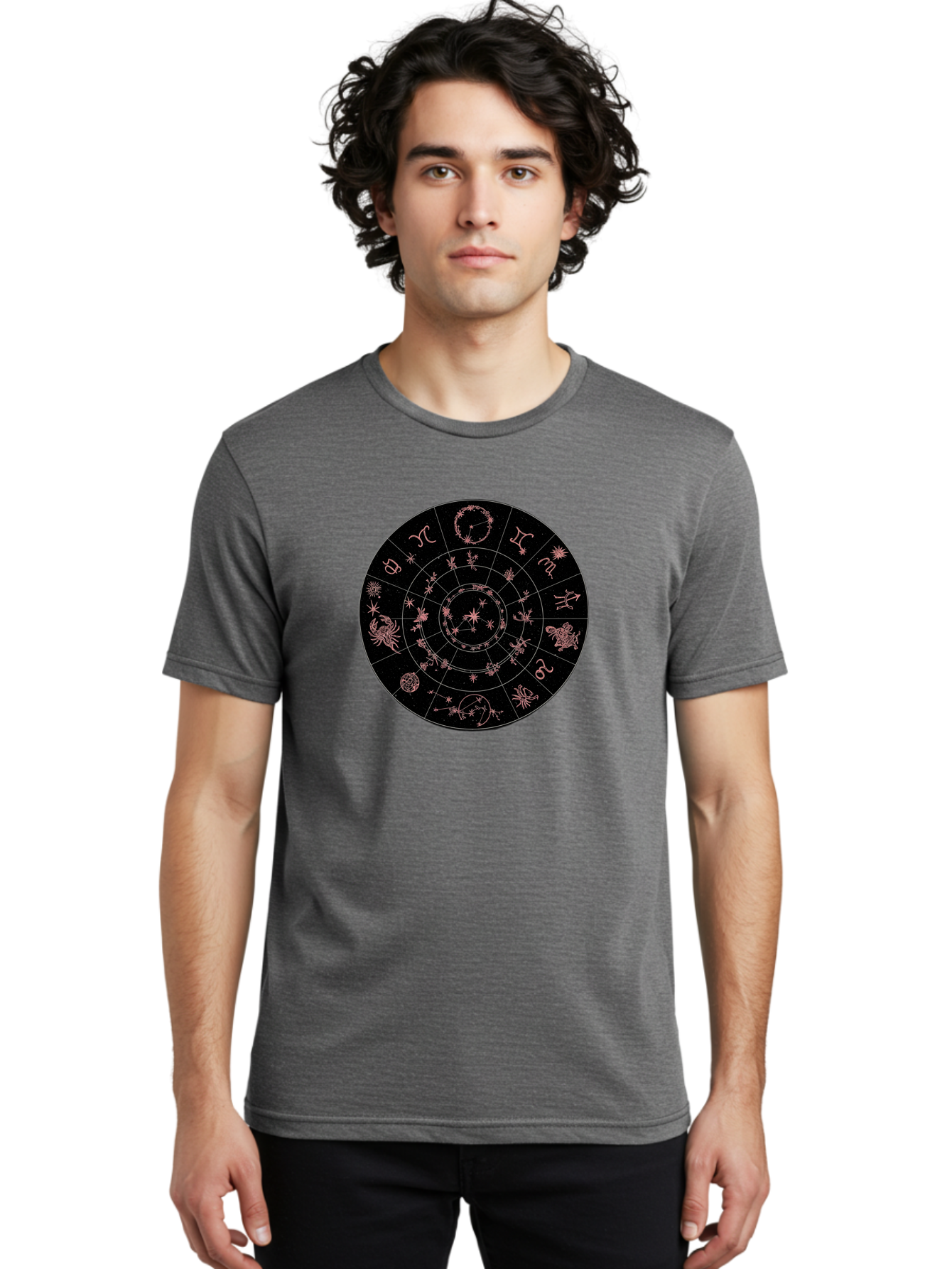 Zodiac-Wheel-1 Men'S Graphic Tee, 100% Cotton, Comfortable Casual Summer Wear, Machine Washable, Zodiac Signs, Astrology Chart, Mystical Symbols, Stars And Constellations, Horoscope Wheel, Spiritual Emblem, Celestial Map, Pink Illustrations Bae343 26