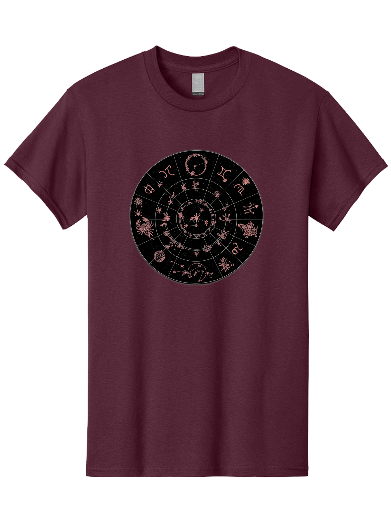 Zodiac-Wheel-1 Men'S Graphic Tee, 100% Cotton, Comfortable Casual Summer Wear, Machine Washable, Zodiac Signs, Astrology Chart, Mystical Symbols, Stars And Constellations, Horoscope Wheel, Spiritual Emblem, Celestial Map, Pink Illustrations Bae343 3