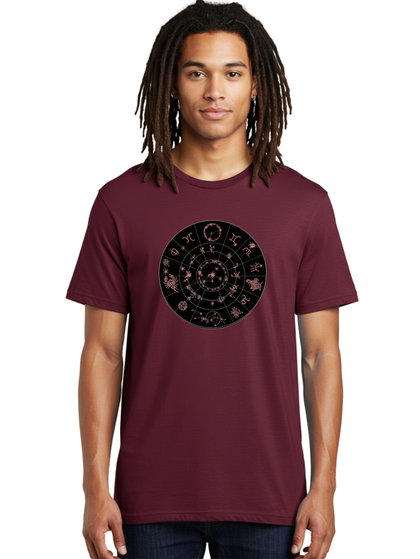 Zodiac-Wheel-1 Men'S Graphic Tee, 100% Cotton, Comfortable Casual Summer Wear, Machine Washable, Zodiac Signs, Astrology Chart, Mystical Symbols, Stars And Constellations, Horoscope Wheel, Spiritual Emblem, Celestial Map, Pink Illustrations Bae343 18