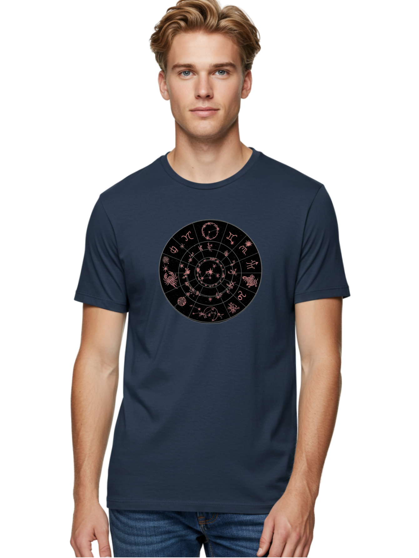 Zodiac-Wheel-1 Men'S Graphic Tee, 100% Cotton, Comfortable Casual Summer Wear, Machine Washable, Zodiac Signs, Astrology Chart, Mystical Symbols, Stars And Constellations, Horoscope Wheel, Spiritual Emblem, Celestial Map, Pink Illustrations Bae343 24