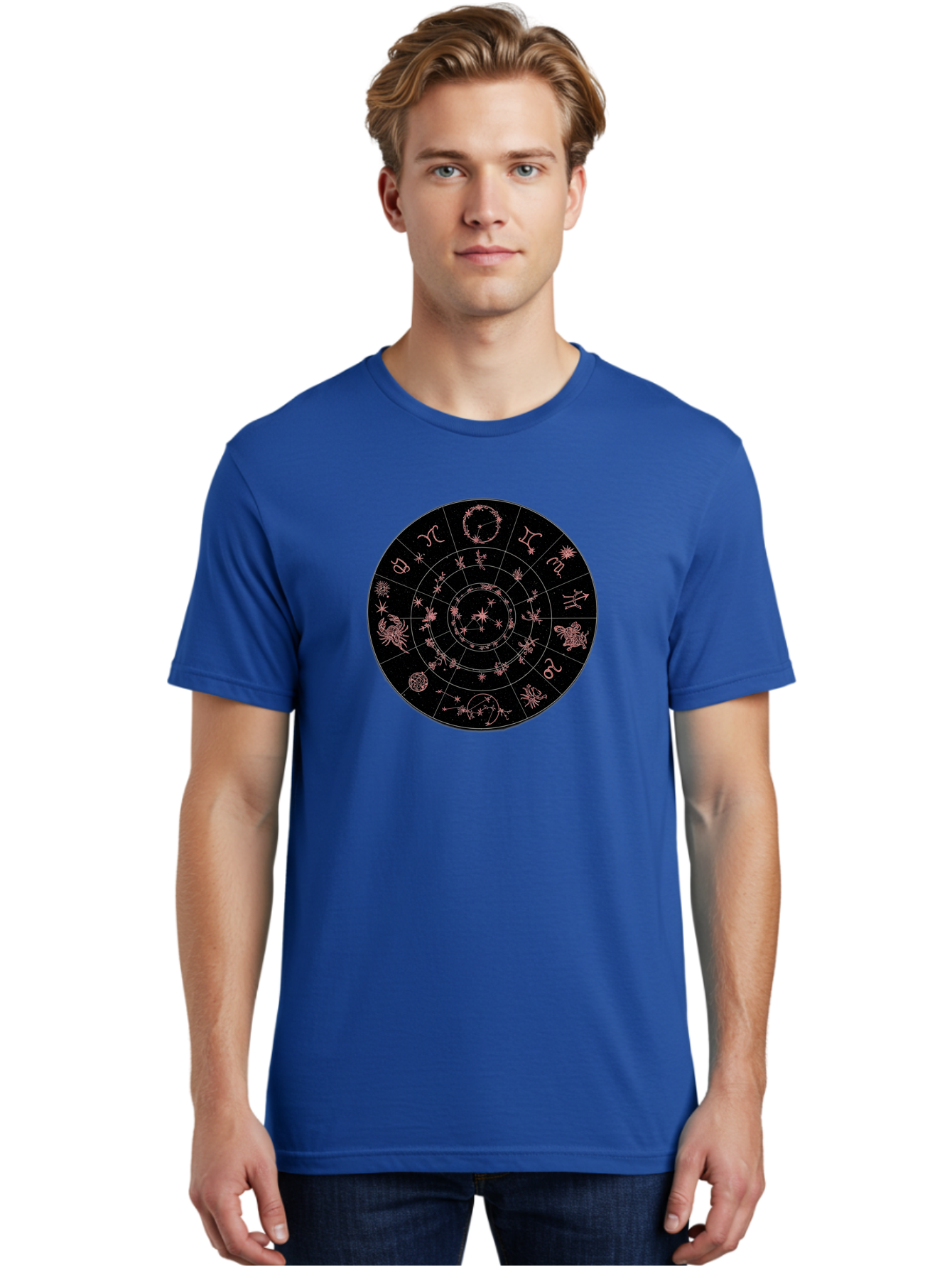 Zodiac-Wheel-1 Men'S Graphic Tee, 100% Cotton, Comfortable Casual Summer Wear, Machine Washable, Zodiac Signs, Astrology Chart, Mystical Symbols, Stars And Constellations, Horoscope Wheel, Spiritual Emblem, Celestial Map, Pink Illustrations Bae343 23