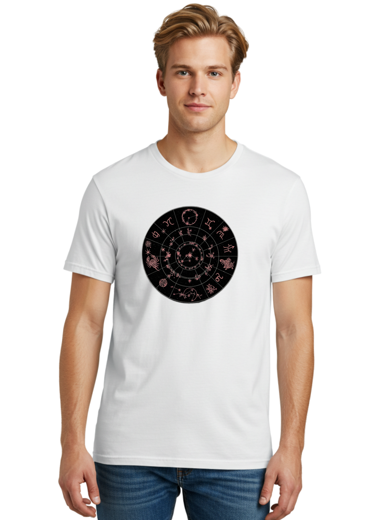 Zodiac-Wheel-1 Men'S Graphic Tee, 100% Cotton, Comfortable Casual Summer Wear, Machine Washable, Zodiac Signs, Astrology Chart, Mystical Symbols, Stars And Constellations, Horoscope Wheel, Spiritual Emblem, Celestial Map, Pink Illustrations Bae343 22