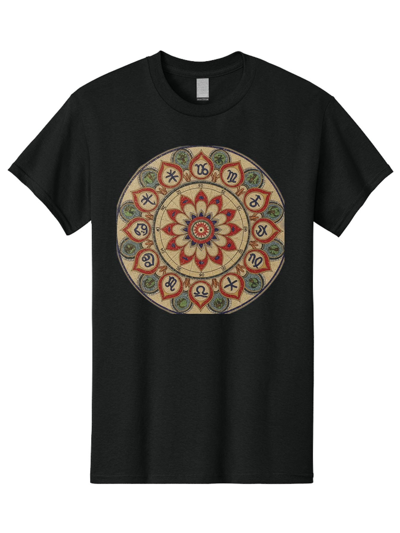 Zodiac-Wheel-Mandala Men'S Graphic Tee, 100% Cotton, Comfortable Casual Summer Wear, Machine Washable, Zodiac Wheel, Astrology, Mandala Art, Esoteric Symbols, Spiritual Design, Mystical Patterns, Red And Blue Petals, Symbolic Representation, Bae344 3
