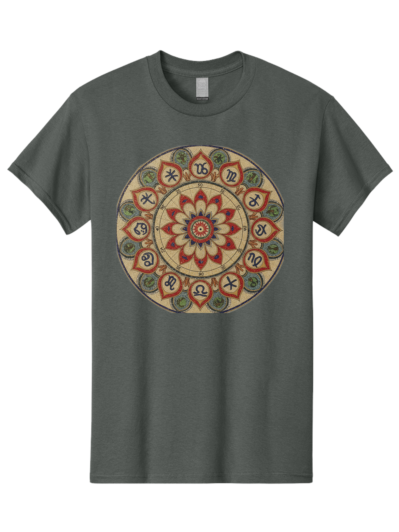 Zodiac-Wheel-Mandala Men'S Graphic Tee, 100% Cotton, Comfortable Casual Summer Wear, Machine Washable, Zodiac Wheel, Astrology, Mandala Art, Esoteric Symbols, Spiritual Design, Mystical Patterns, Red And Blue Petals, Symbolic Representation, Bae344 7