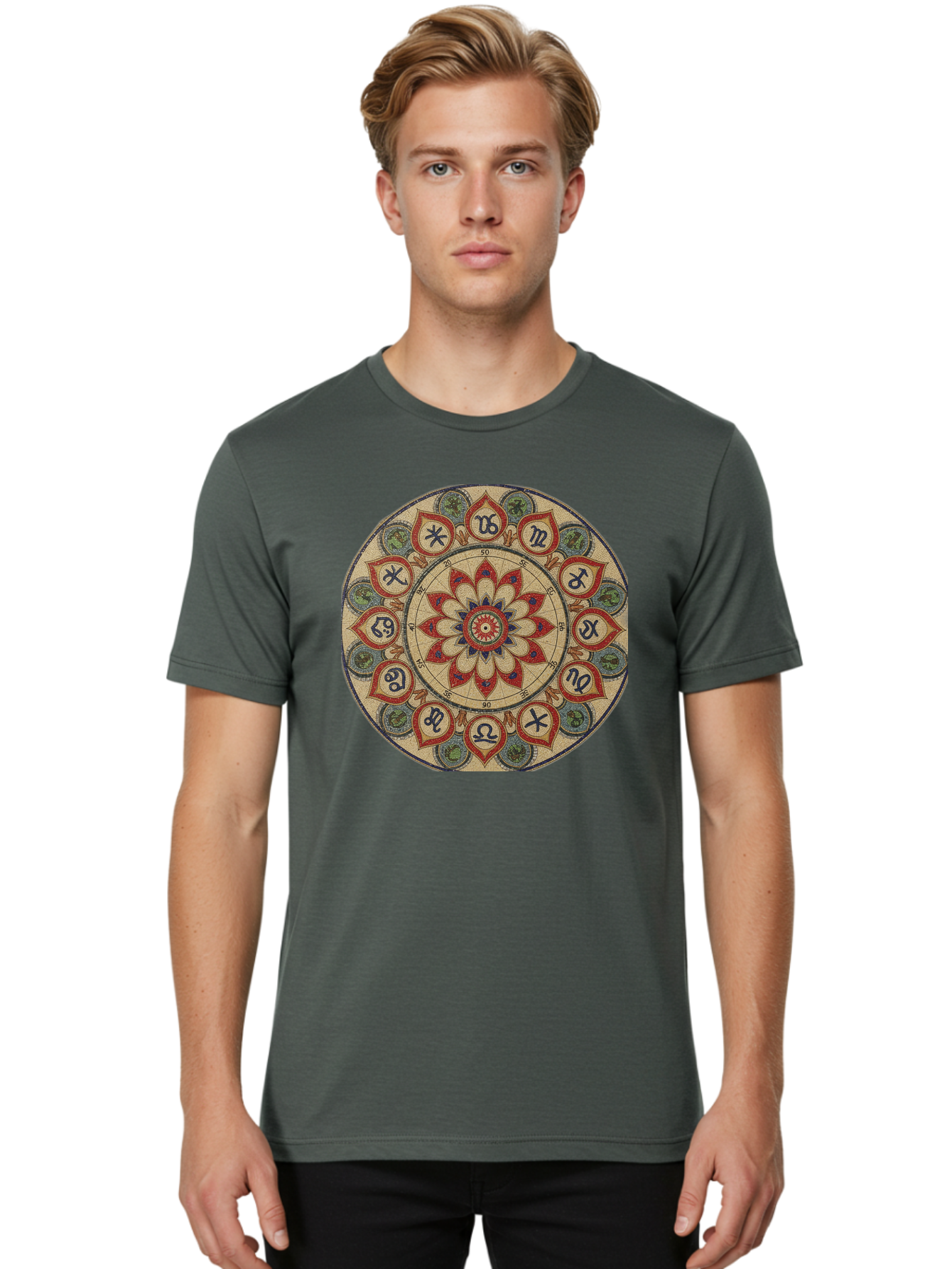 Zodiac-Wheel-Mandala Men'S Graphic Tee, 100% Cotton, Comfortable Casual Summer Wear, Machine Washable, Zodiac Wheel, Astrology, Mandala Art, Esoteric Symbols, Spiritual Design, Mystical Patterns, Red And Blue Petals, Symbolic Representation, Bae344 22