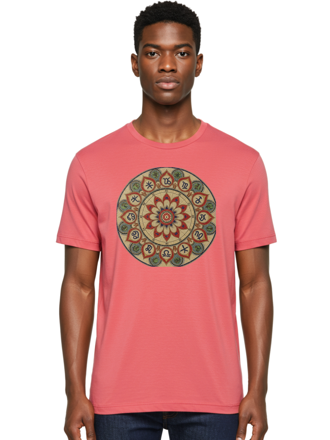 Zodiac-Wheel-Mandala Men'S Graphic Tee, 100% Cotton, Comfortable Casual Summer Wear, Machine Washable, Zodiac Wheel, Astrology, Mandala Art, Esoteric Symbols, Spiritual Design, Mystical Patterns, Red And Blue Petals, Symbolic Representation, Bae344 16