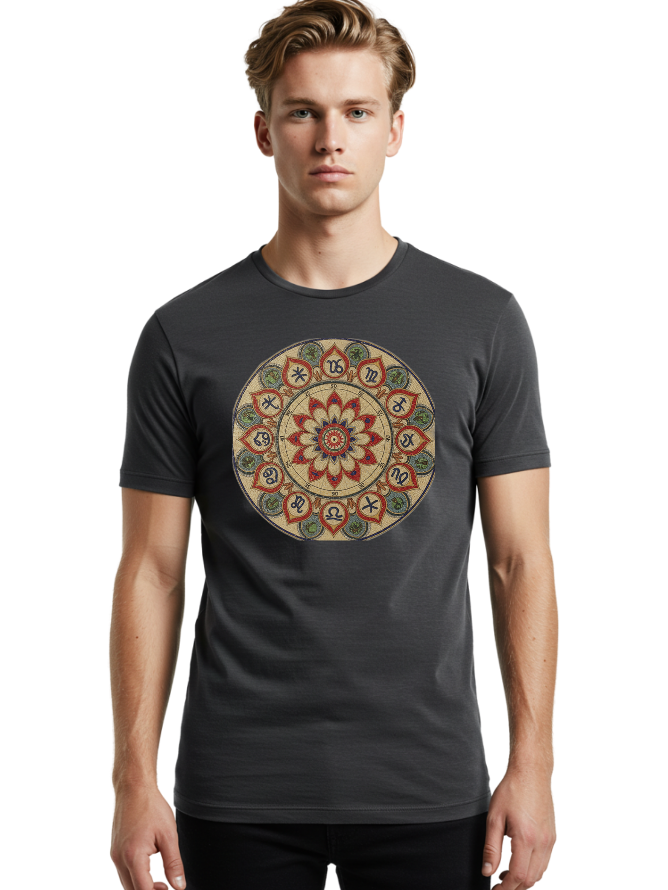 Zodiac-Wheel-Mandala Men'S Graphic Tee, 100% Cotton, Comfortable Casual Summer Wear, Machine Washable, Zodiac Wheel, Astrology, Mandala Art, Esoteric Symbols, Spiritual Design, Mystical Patterns, Red And Blue Petals, Symbolic Representation, Bae344 21