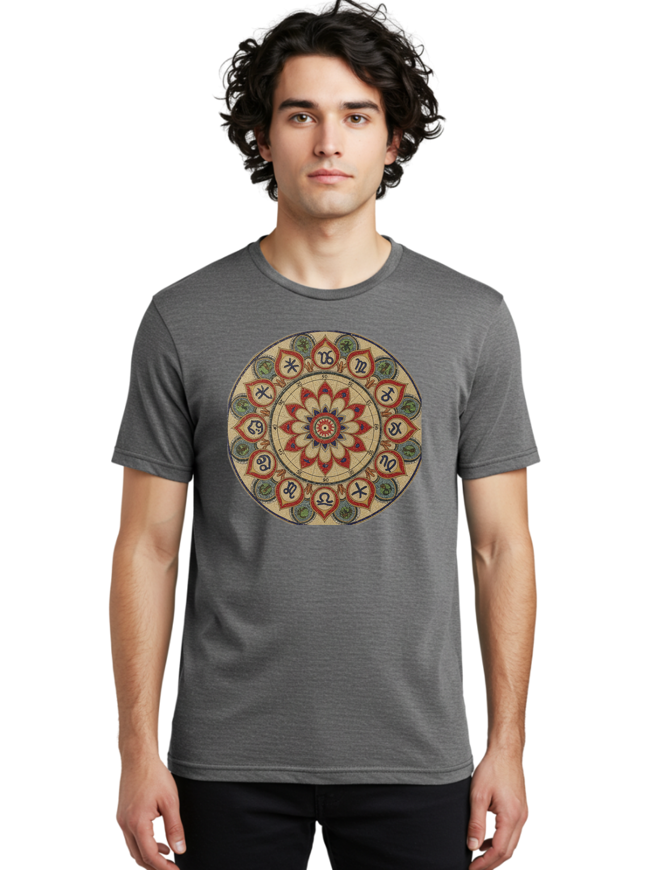 Zodiac-Wheel-Mandala Men'S Graphic Tee, 100% Cotton, Comfortable Casual Summer Wear, Machine Washable, Zodiac Wheel, Astrology, Mandala Art, Esoteric Symbols, Spiritual Design, Mystical Patterns, Red And Blue Petals, Symbolic Representation, Bae344 19