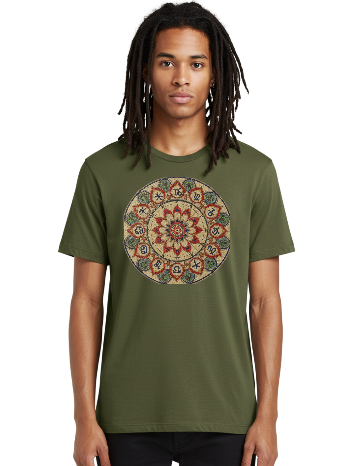Zodiac-Wheel-Mandala Men'S Graphic Tee, 100% Cotton, Comfortable Casual Summer Wear, Machine Washable, Zodiac Wheel, Astrology, Mandala Art, Esoteric Symbols, Spiritual Design, Mystical Patterns, Red And Blue Petals, Symbolic Representation, Bae344 27