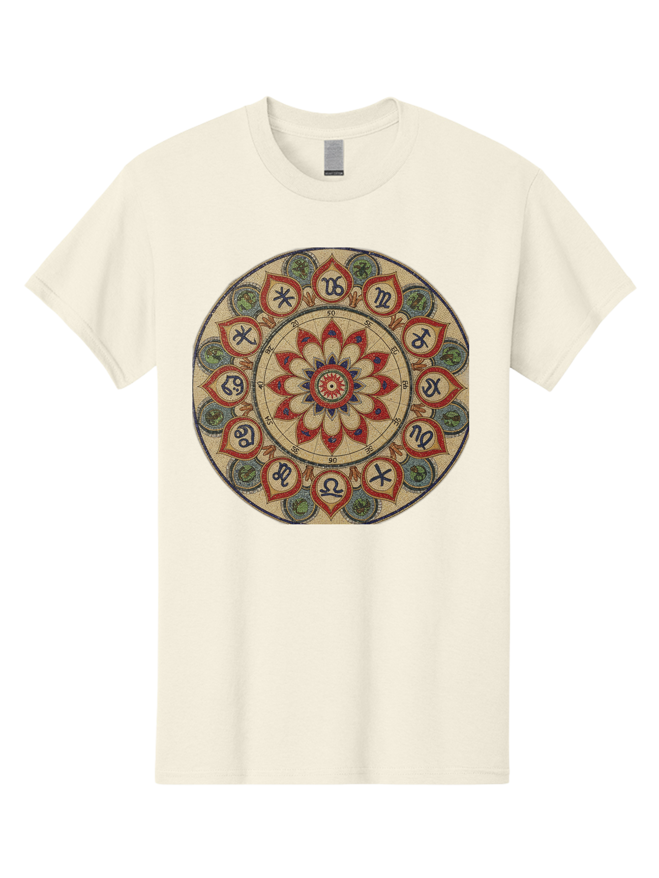 Zodiac-Wheel-Mandala Men'S Graphic Tee, 100% Cotton, Comfortable Casual Summer Wear, Machine Washable, Zodiac Wheel, Astrology, Mandala Art, Esoteric Symbols, Spiritual Design, Mystical Patterns, Red And Blue Petals, Symbolic Representation, Bae344 13
