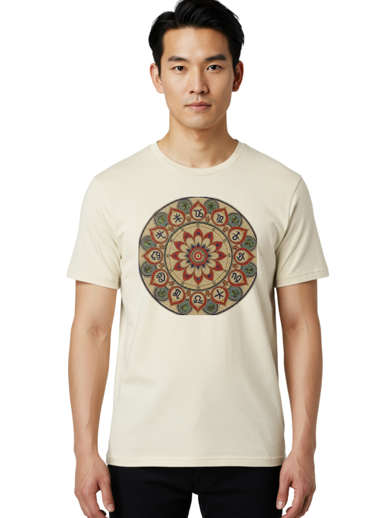 Zodiac-Wheel-Mandala Men'S Graphic Tee, 100% Cotton, Comfortable Casual Summer Wear, Machine Washable, Zodiac Wheel, Astrology, Mandala Art, Esoteric Symbols, Spiritual Design, Mystical Patterns, Red And Blue Petals, Symbolic Representation, Bae344 28