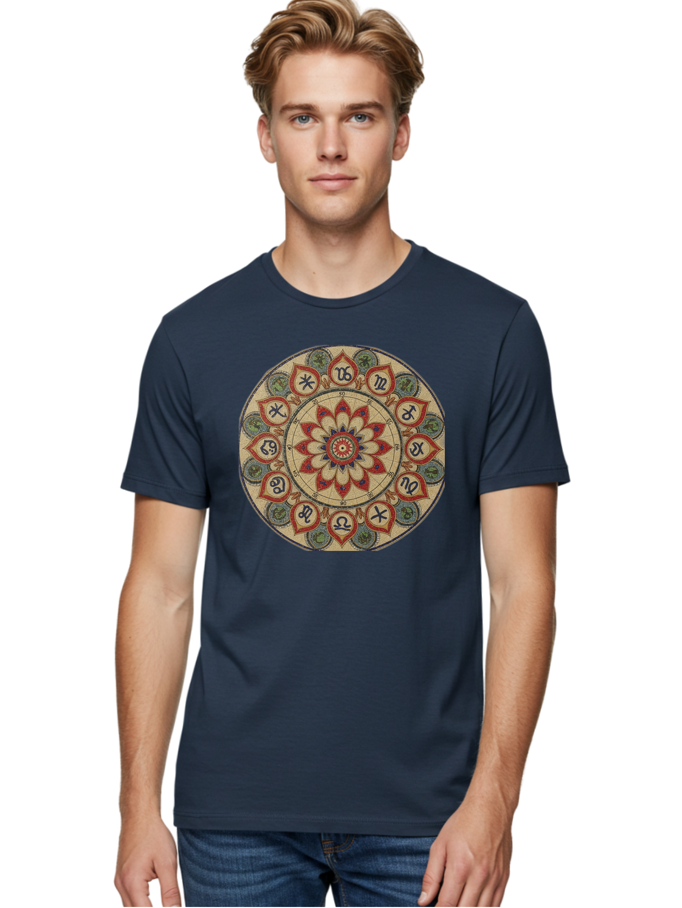 Zodiac-Wheel-Mandala Men'S Graphic Tee, 100% Cotton, Comfortable Casual Summer Wear, Machine Washable, Zodiac Wheel, Astrology, Mandala Art, Esoteric Symbols, Spiritual Design, Mystical Patterns, Red And Blue Petals, Symbolic Representation, Bae344 30