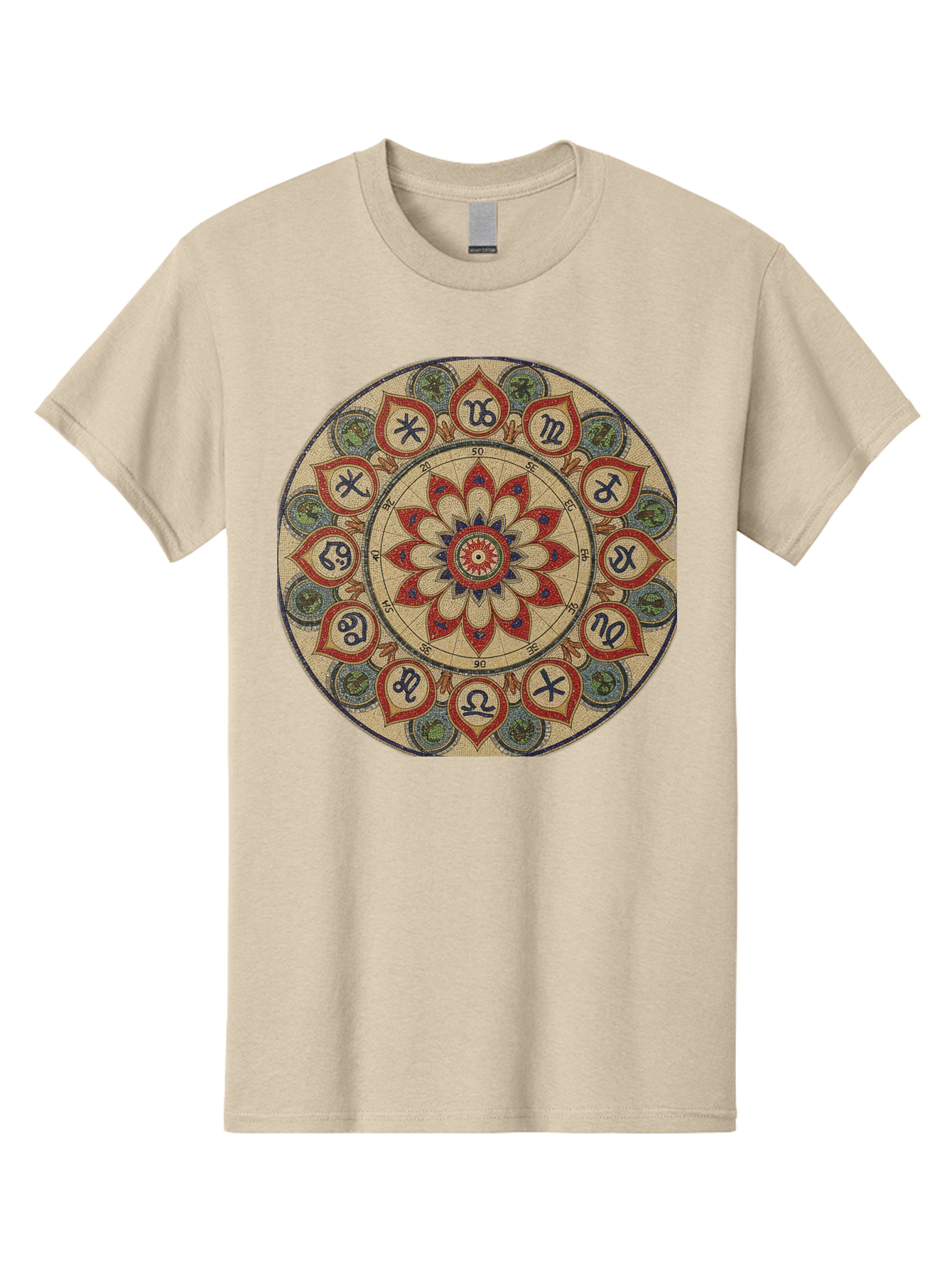 Zodiac-Wheel-Mandala Men'S Graphic Tee, 100% Cotton, Comfortable Casual Summer Wear, Machine Washable, Zodiac Wheel, Astrology, Mandala Art, Esoteric Symbols, Spiritual Design, Mystical Patterns, Red And Blue Petals, Symbolic Representation, Bae344 14