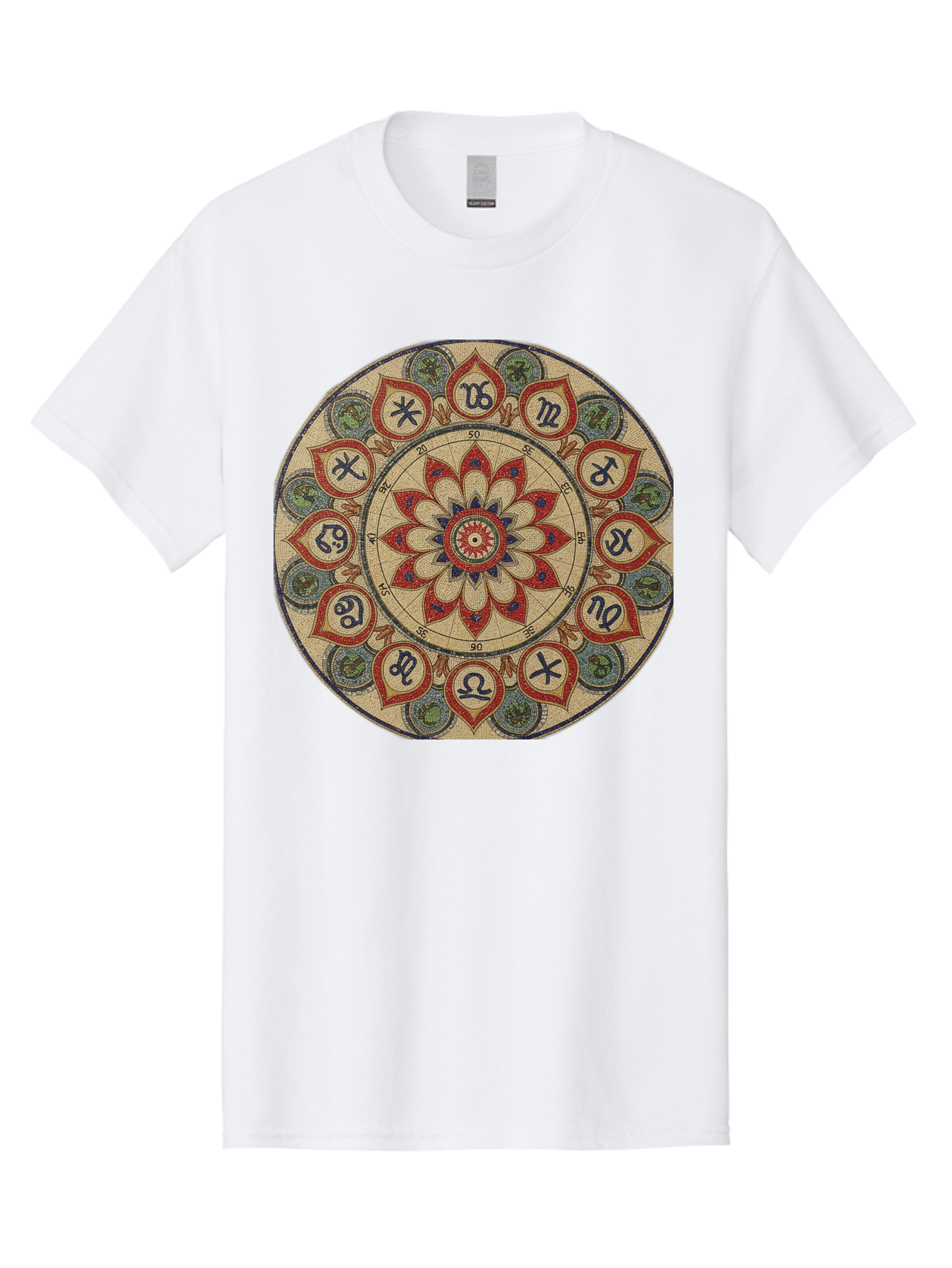 Zodiac-Wheel-Mandala Men'S Graphic Tee, 100% Cotton, Comfortable Casual Summer Wear, Machine Washable, Zodiac Wheel, Astrology, Mandala Art, Esoteric Symbols, Spiritual Design, Mystical Patterns, Red And Blue Petals, Symbolic Representation, Bae344 10