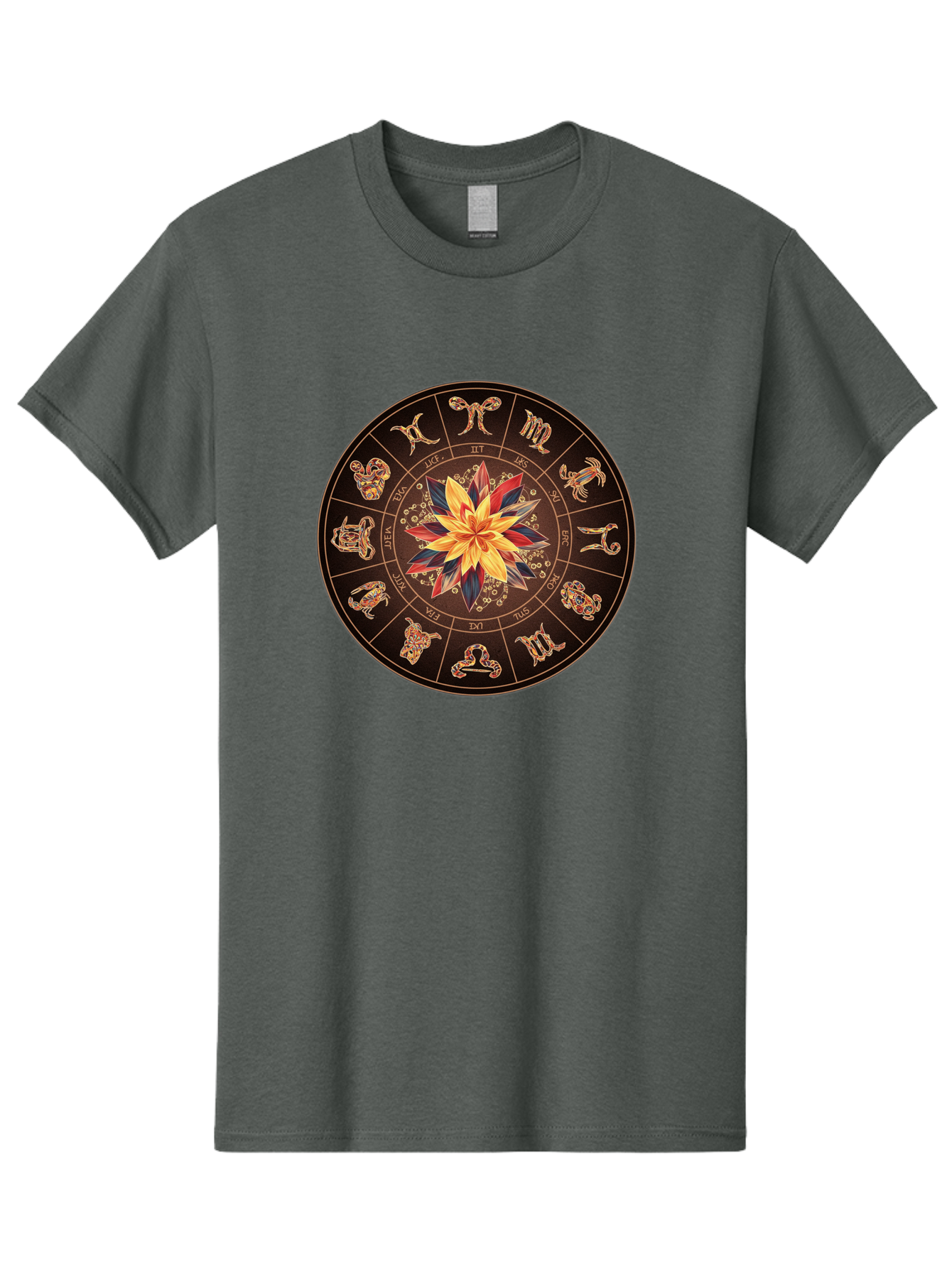 Zodiac-Wheel Men'S Graphic Tee, 100% Cotton, Comfortable Casual Summer Wear, Machine Washable, Zodiac Wheel, Astrology Symbols, Star Signs, Mystical Design, Colorful Flower, Gold Accents, Spiritual Significance, Celestial Body, Bae345 12