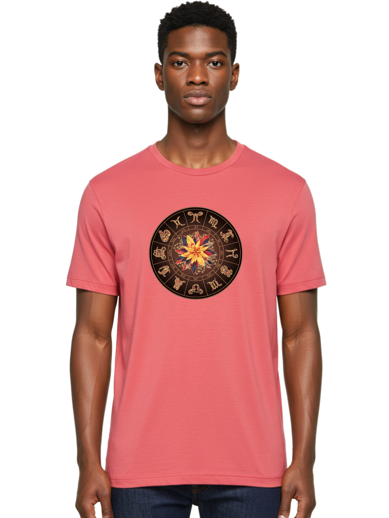Zodiac-Wheel Men'S Graphic Tee, 100% Cotton, Comfortable Casual Summer Wear, Machine Washable, Zodiac Wheel, Astrology Symbols, Star Signs, Mystical Design, Colorful Flower, Gold Accents, Spiritual Significance, Celestial Body, Bae345 26