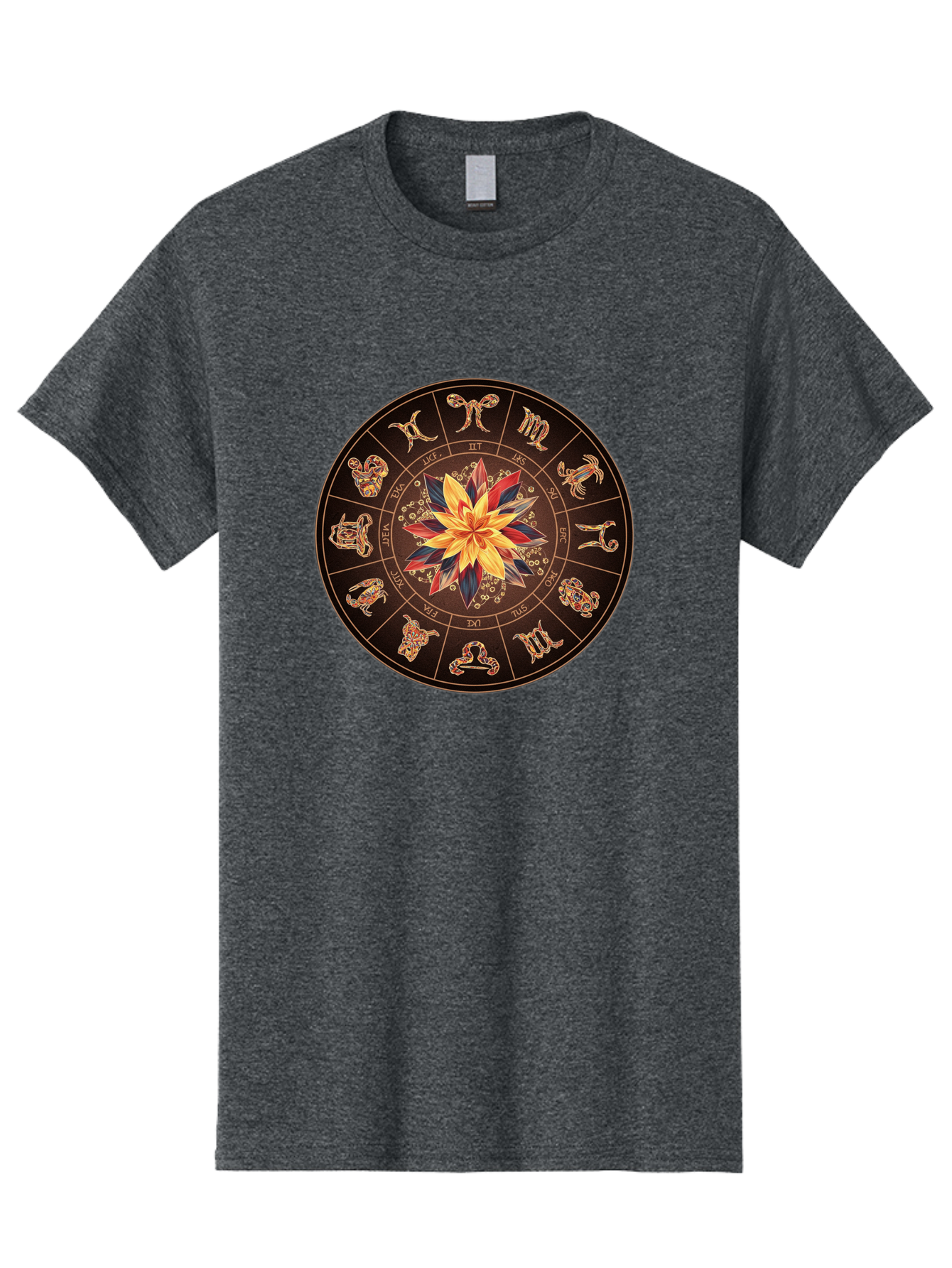 Zodiac-Wheel Men'S Graphic Tee, 100% Cotton, Comfortable Casual Summer Wear, Machine Washable, Zodiac Wheel, Astrology Symbols, Star Signs, Mystical Design, Colorful Flower, Gold Accents, Spiritual Significance, Celestial Body, Bae345 13