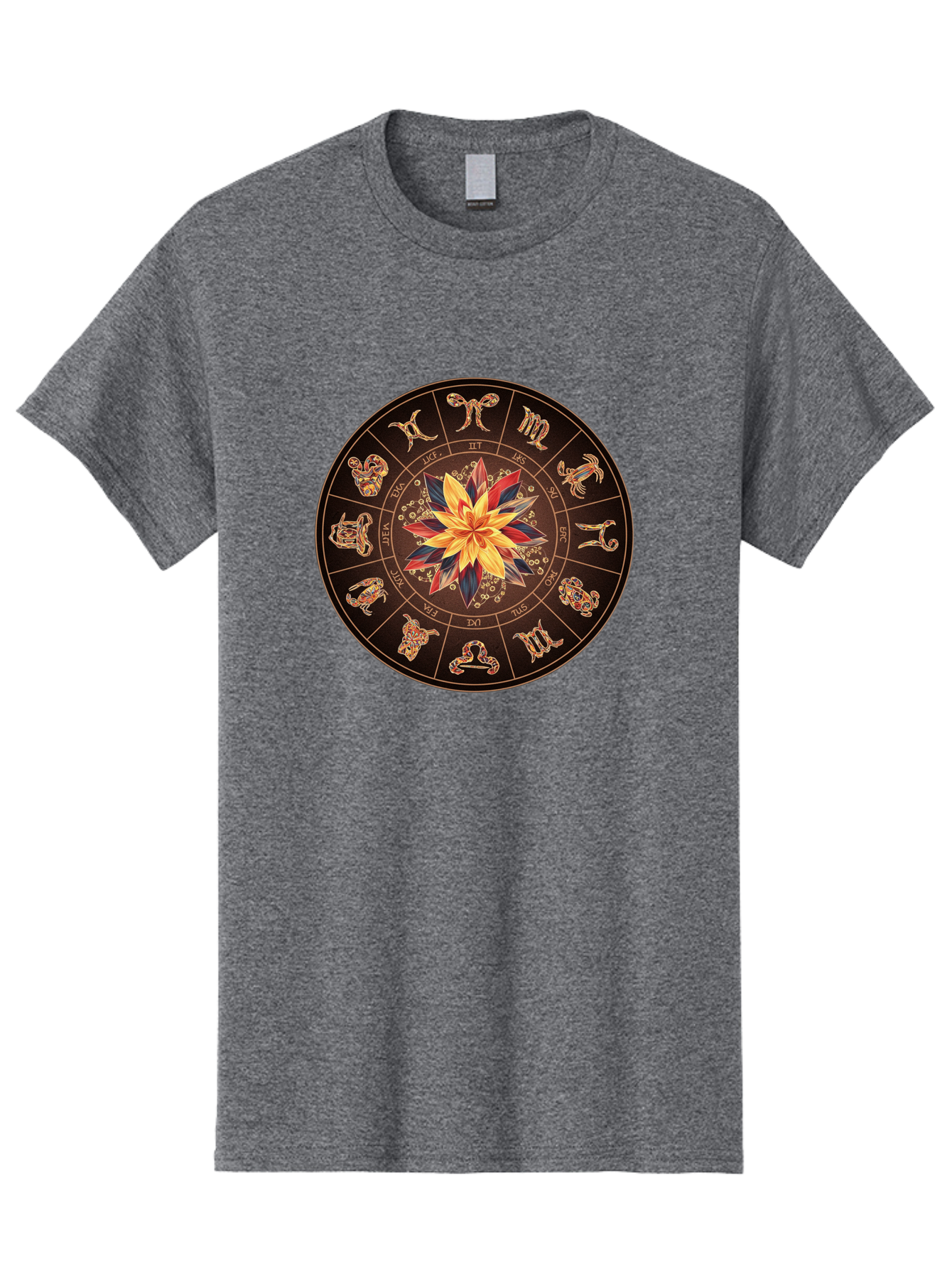 Zodiac-Wheel Men'S Graphic Tee, 100% Cotton, Comfortable Casual Summer Wear, Machine Washable, Zodiac Wheel, Astrology Symbols, Star Signs, Mystical Design, Colorful Flower, Gold Accents, Spiritual Significance, Celestial Body, Bae345 6