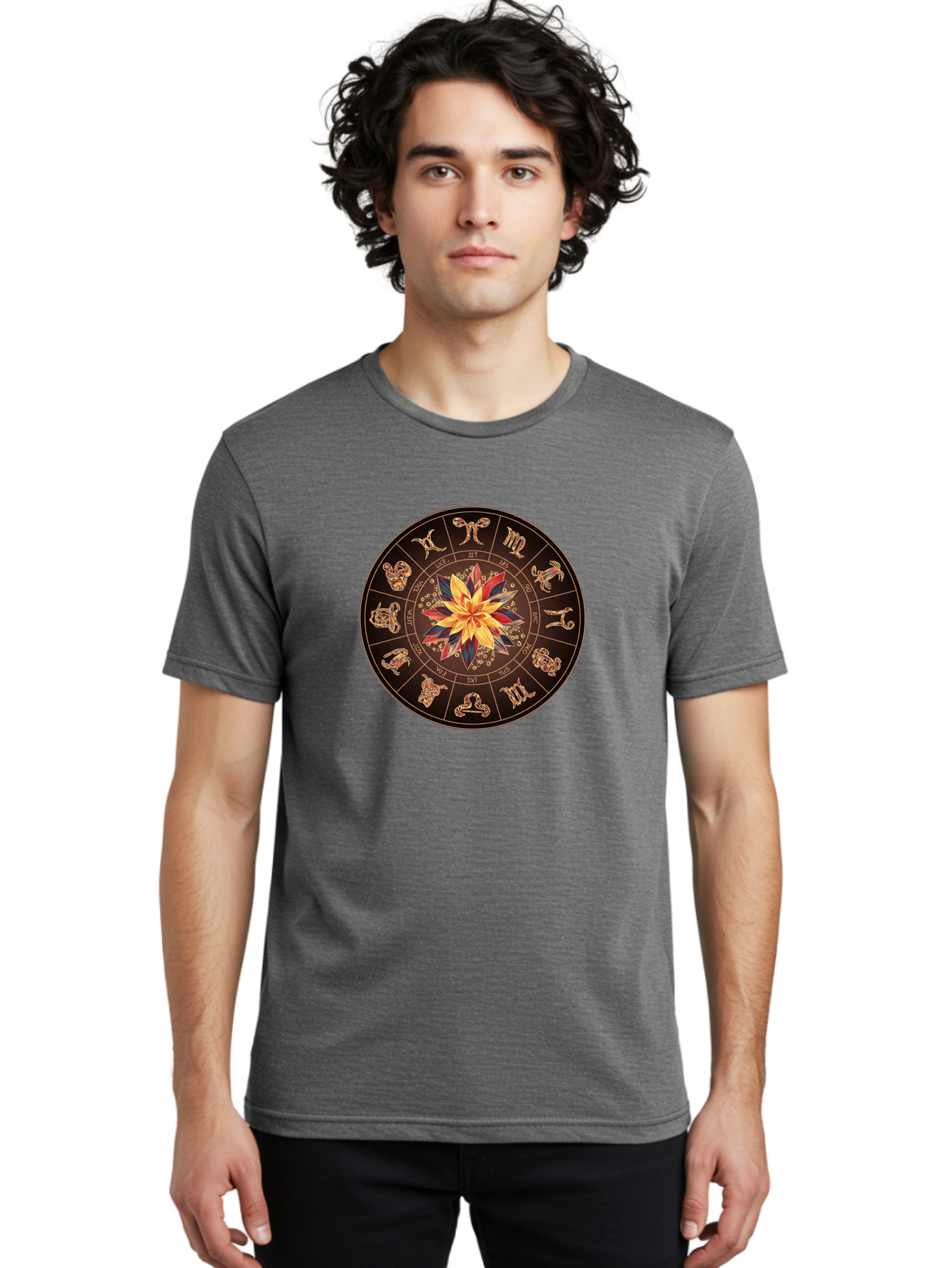Zodiac-Wheel Men'S Graphic Tee, 100% Cotton, Comfortable Casual Summer Wear, Machine Washable, Zodiac Wheel, Astrology Symbols, Star Signs, Mystical Design, Colorful Flower, Gold Accents, Spiritual Significance, Celestial Body, Bae345 21