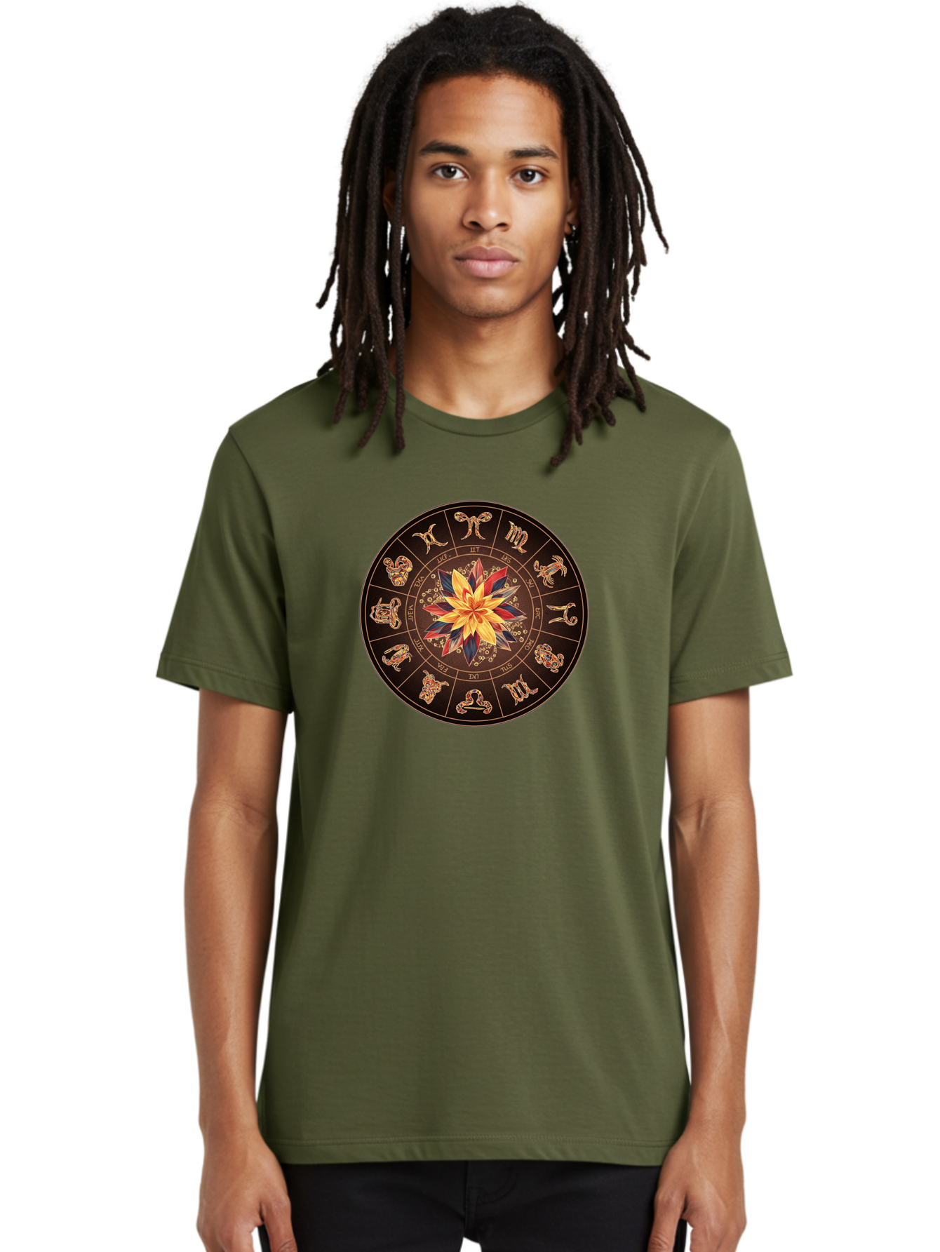Zodiac-Wheel Men'S Graphic Tee, 100% Cotton, Comfortable Casual Summer Wear, Machine Washable, Zodiac Wheel, Astrology Symbols, Star Signs, Mystical Design, Colorful Flower, Gold Accents, Spiritual Significance, Celestial Body, Bae345 16