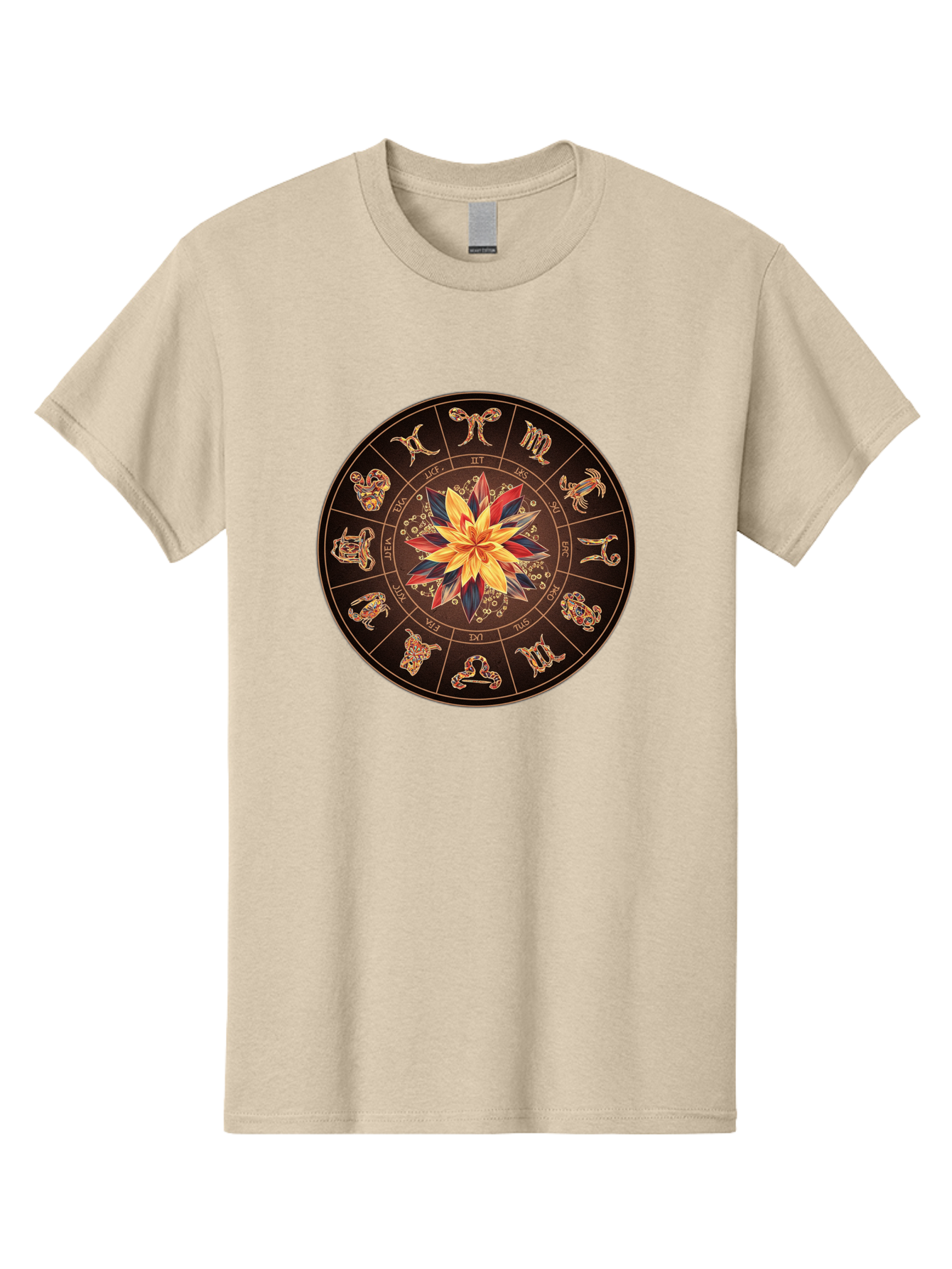 Zodiac-Wheel Men'S Graphic Tee, 100% Cotton, Comfortable Casual Summer Wear, Machine Washable, Zodiac Wheel, Astrology Symbols, Star Signs, Mystical Design, Colorful Flower, Gold Accents, Spiritual Significance, Celestial Body, Bae345 5