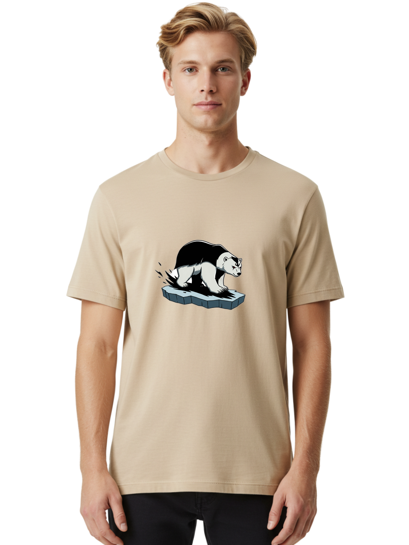 Aggressive-Panda Men'S Graphic Tee, 100% Cotton, Comfortable Casual Summer Wear, Machine Washable, Panda On A Rock, Panda Bear, Black And White, Cartoon Style, Dynamic Movement, Wildlife, Animated Character, Stone Platform Bae349 25