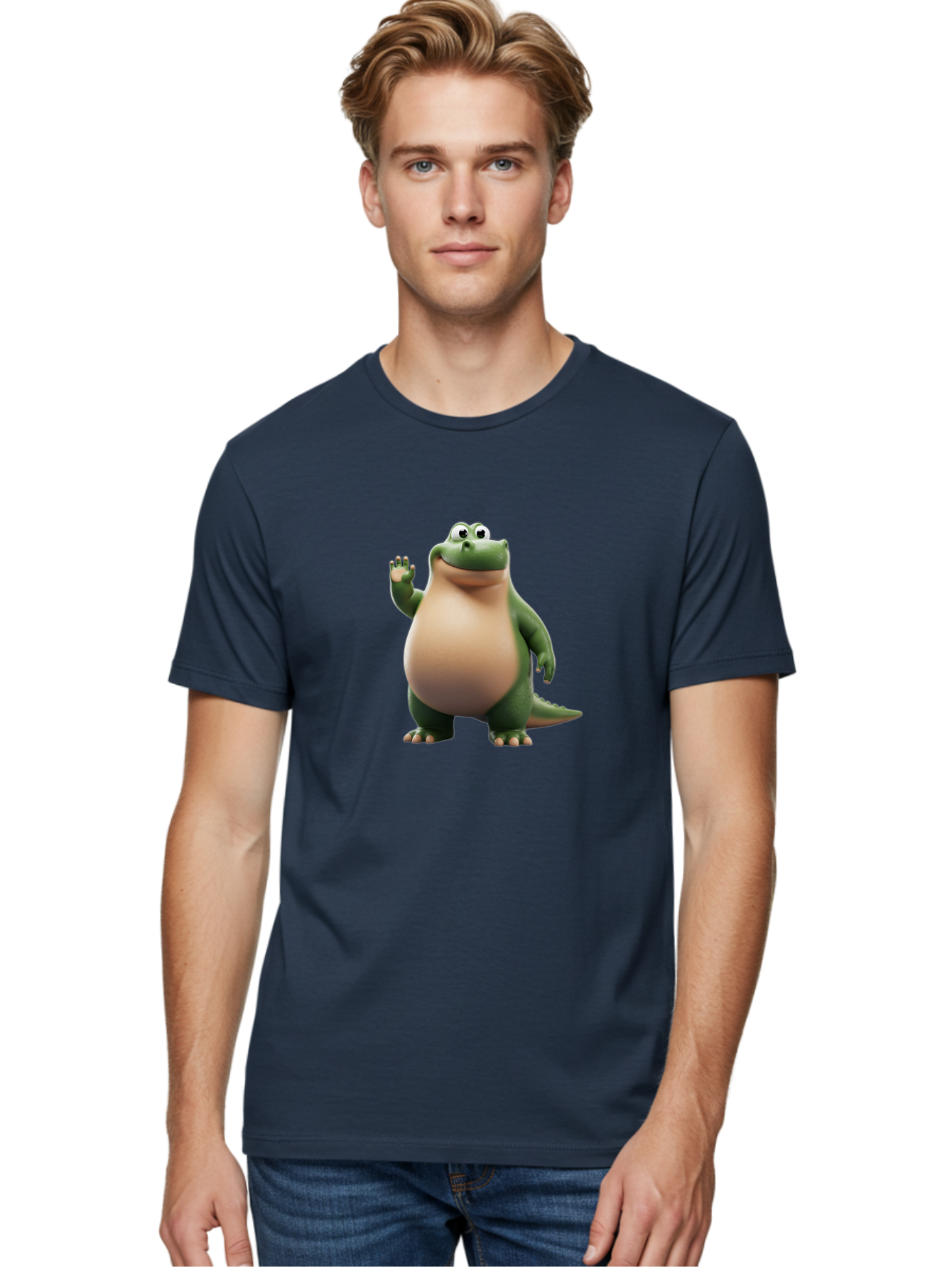 Arlo-2 Men'S Graphic Tee, 100% Cotton, Comfortable Casual Summer Wear, Machine Washable, Cartoon Dinosaur, Green And Tan Colors, Smiling Face, Waving Hand, Friendly Demeanor, Prehistoric Creature, Animated Character, Funny Pose Bae355 25
