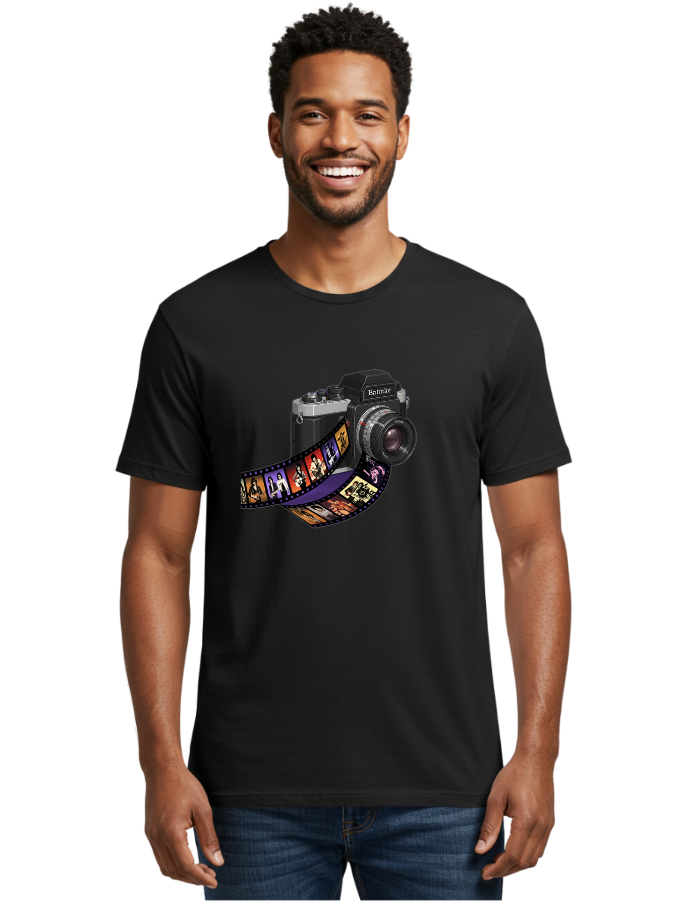Bannke-Camera Men'S Graphic Tee, 100% Cotton, Comfortable Casual Summer Wear, Machine Washable, Vintage Camera, Film Strip, Photography, Bannke, Retro Style, Black And Silver, Lens, Camera Body, Film Reel, Photographers Bae357 19