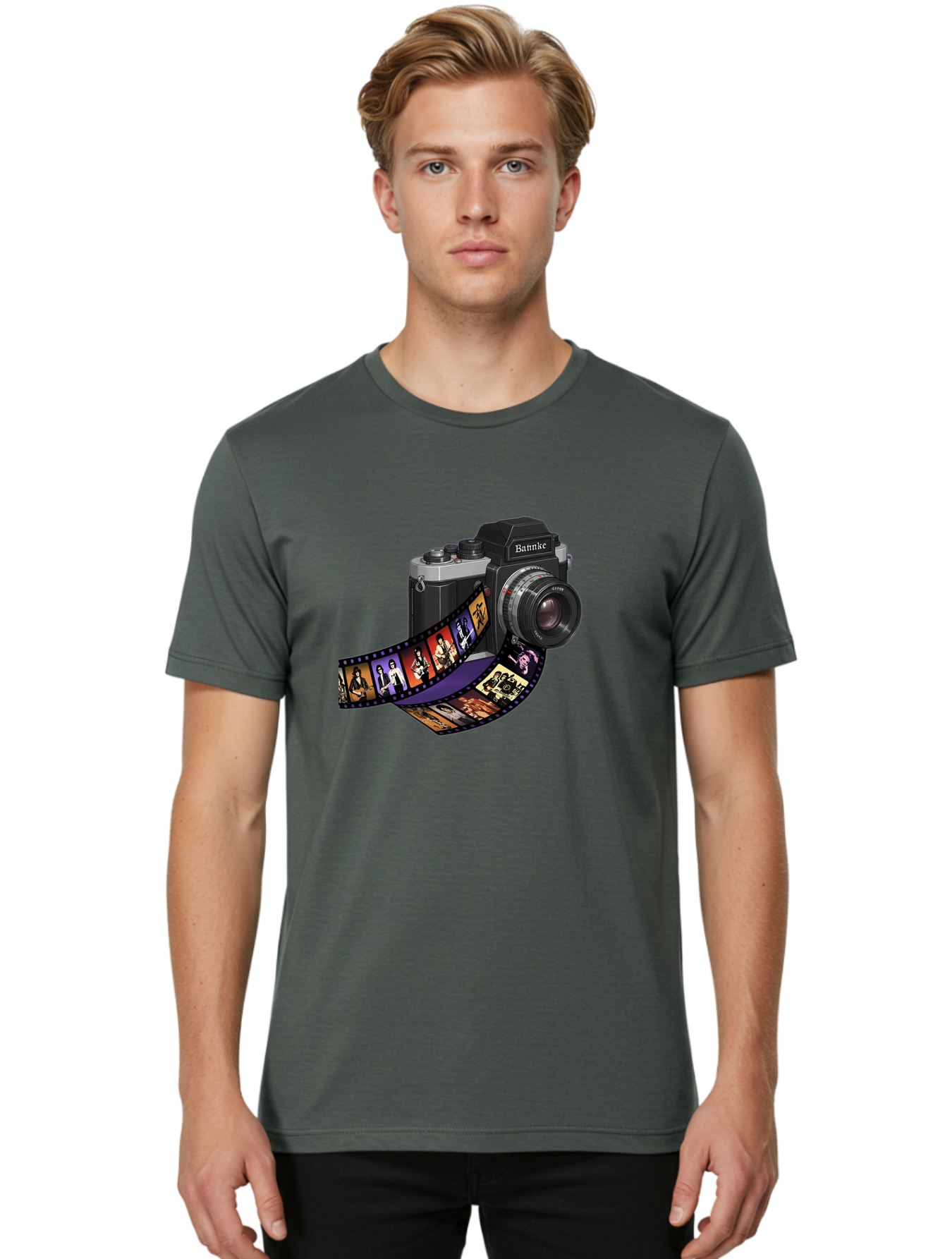 Bannke-Camera Men'S Graphic Tee, 100% Cotton, Comfortable Casual Summer Wear, Machine Washable, Vintage Camera, Film Strip, Photography, Bannke, Retro Style, Black And Silver, Lens, Camera Body, Film Reel, Photographers Bae357 17