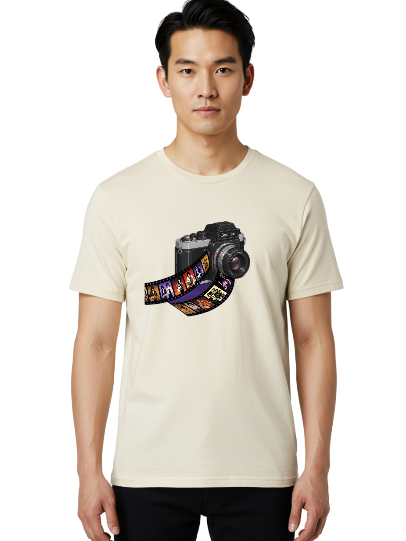 Bannke-Camera Men'S Graphic Tee, 100% Cotton, Comfortable Casual Summer Wear, Machine Washable, Vintage Camera, Film Strip, Photography, Bannke, Retro Style, Black And Silver, Lens, Camera Body, Film Reel, Photographers Bae357 23