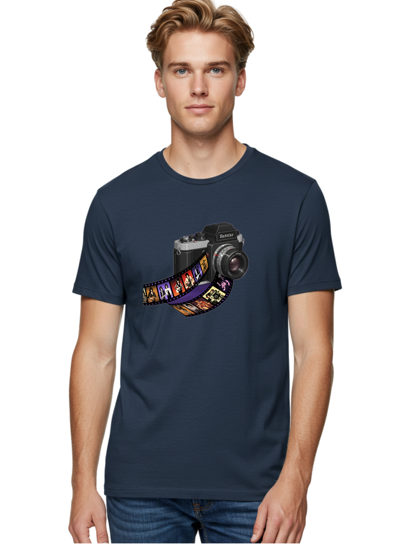 Bannke-Camera Men'S Graphic Tee, 100% Cotton, Comfortable Casual Summer Wear, Machine Washable, Vintage Camera, Film Strip, Photography, Bannke, Retro Style, Black And Silver, Lens, Camera Body, Film Reel, Photographers Bae357 25