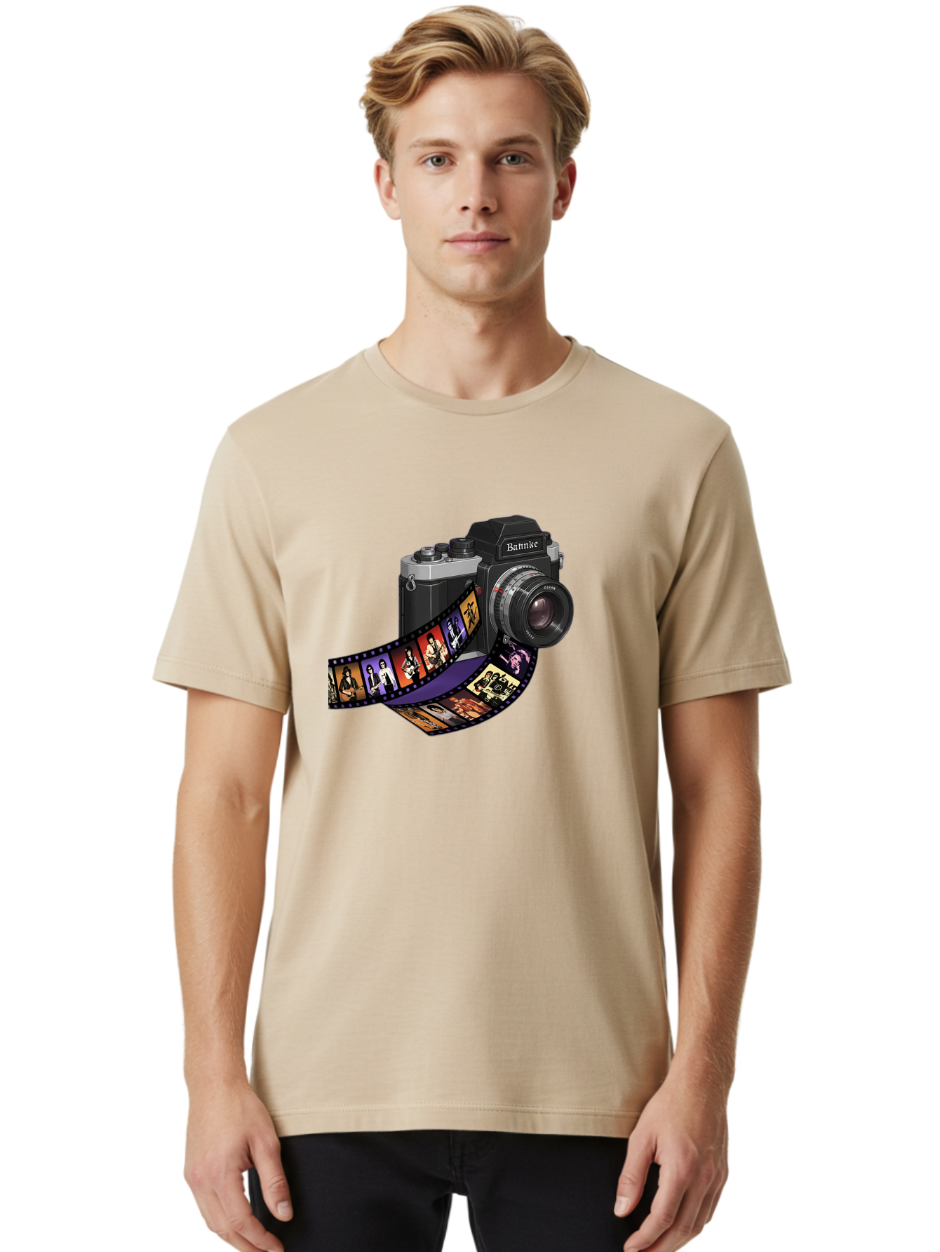 Bannke-Camera Men'S Graphic Tee, 100% Cotton, Comfortable Casual Summer Wear, Machine Washable, Vintage Camera, Film Strip, Photography, Bannke, Retro Style, Black And Silver, Lens, Camera Body, Film Reel, Photographers Bae357 16