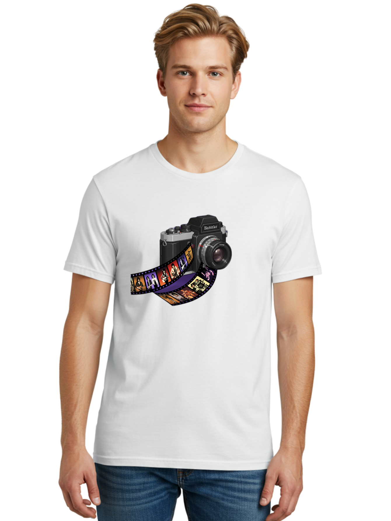 Bannke-Camera Men'S Graphic Tee, 100% Cotton, Comfortable Casual Summer Wear, Machine Washable, Vintage Camera, Film Strip, Photography, Bannke, Retro Style, Black And Silver, Lens, Camera Body, Film Reel, Photographers Bae357 30