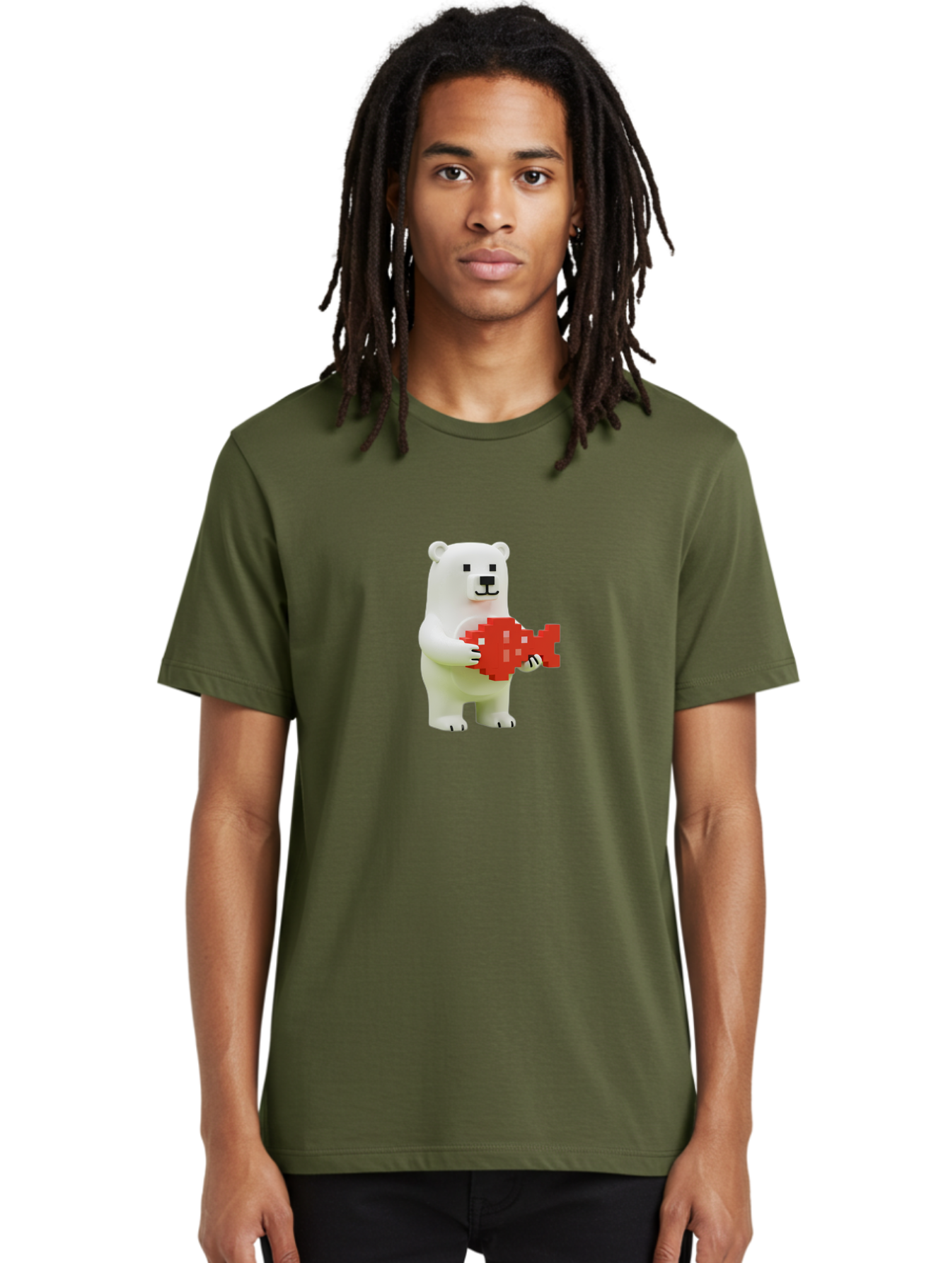 Bear-Pixel-Heart Men'S Graphic Tee, 100% Cotton, Comfortable Casual Summer Wear, Machine Washable, White Polar Bear Holding Red Pixel Heart, Cute Cartoon Character, Adorable Animal, Love Symbol, Pixel Art, Cute Figurine, 3D Illustration Bae359 18