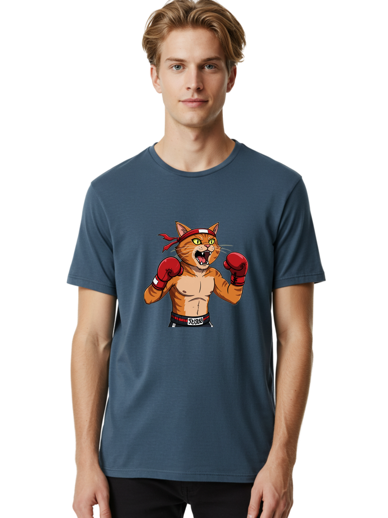 Boxing-Cat-1 Men'S Graphic Tee, 100% Cotton, Comfortable Casual Summer Wear, Machine Washable, Cartoon Cat, Goku, Boxing Gloves, Red Bandana, Muscular Physique, Confident Expression, Anime Style, Fighting Stance, Warrior Pose, Martial Arts, Bae363 20