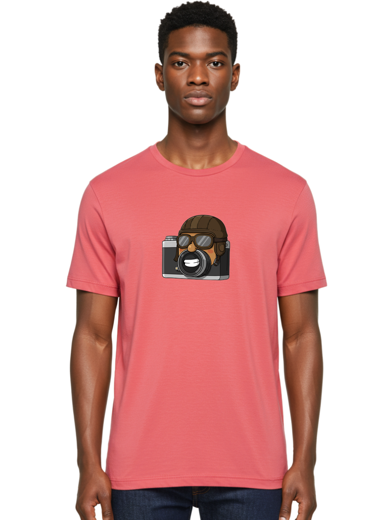 Camera-Avatar Men'S Graphic Tee, 100% Cotton, Comfortable Casual Summer Wear, Machine Washable, Cartoon Camera, Pilot Character, Aviation Style, Goggles And Helmet, Photography Illustration, Digital Art, Creative Design, Camera Character, Bae369 18