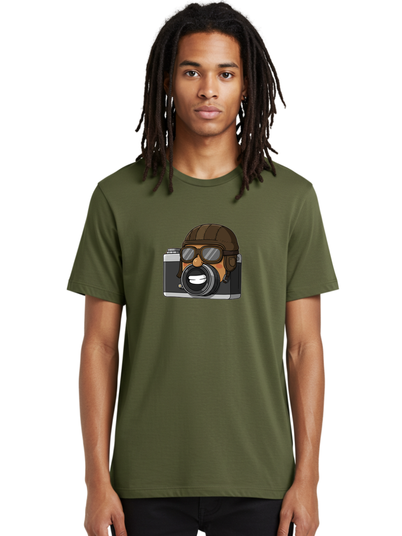 Camera-Avatar Men'S Graphic Tee, 100% Cotton, Comfortable Casual Summer Wear, Machine Washable, Cartoon Camera, Pilot Character, Aviation Style, Goggles And Helmet, Photography Illustration, Digital Art, Creative Design, Camera Character, Bae369 21