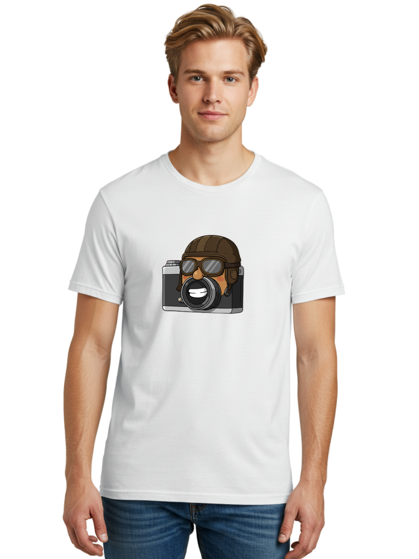 Camera-Avatar Men'S Graphic Tee, 100% Cotton, Comfortable Casual Summer Wear, Machine Washable, Cartoon Camera, Pilot Character, Aviation Style, Goggles And Helmet, Photography Illustration, Digital Art, Creative Design, Camera Character, Bae369 19