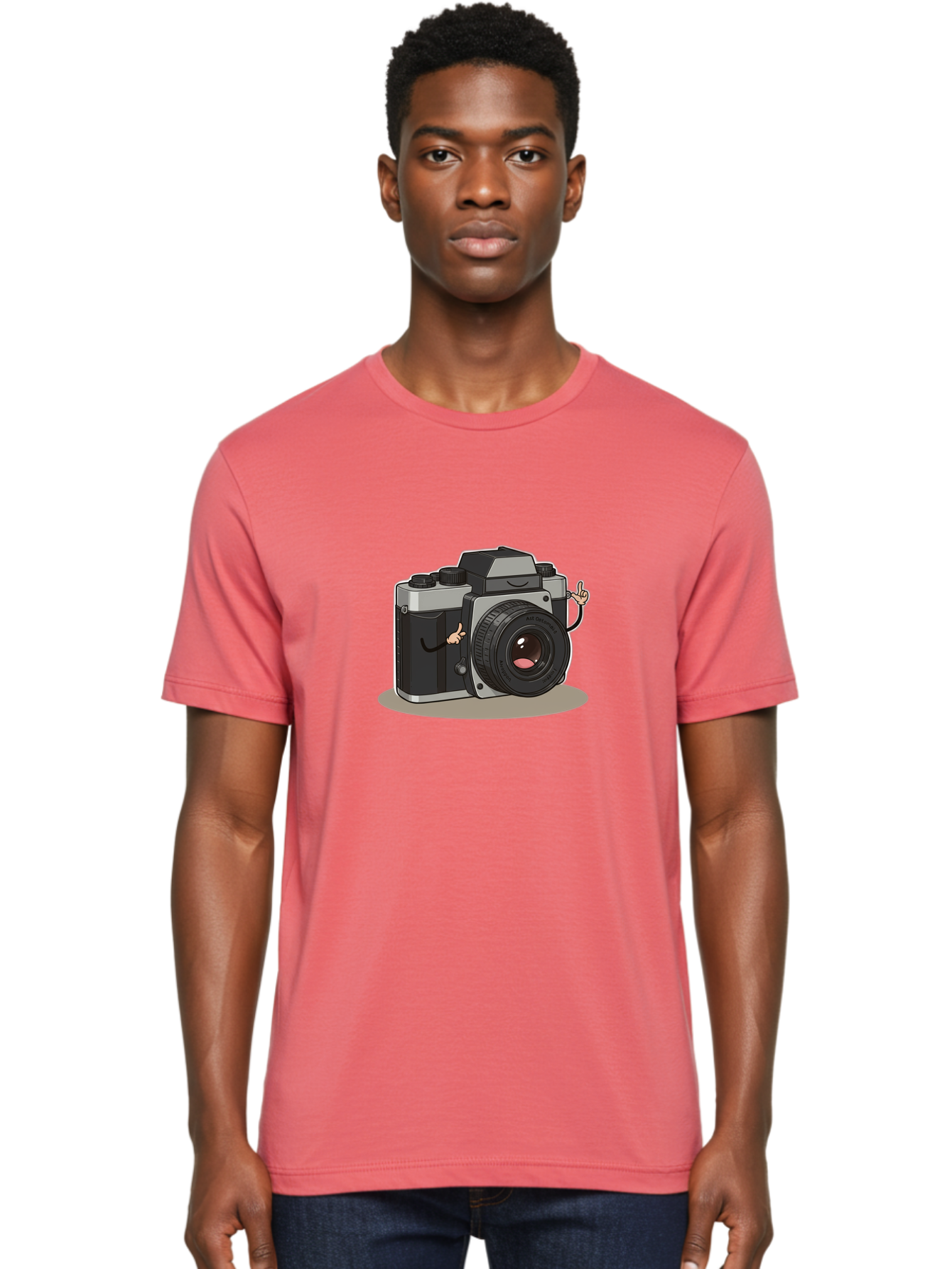 Camera-Character-1 Men'S Graphic Tee, 100% Cotton, Comfortable Casual Summer Wear, Machine Washable, Cartoon Camera, Character Design, Photography, Silver And Black Camera, Lens With Face, Hand Gestures, Funny, Quirky, Playful, Bae370 26