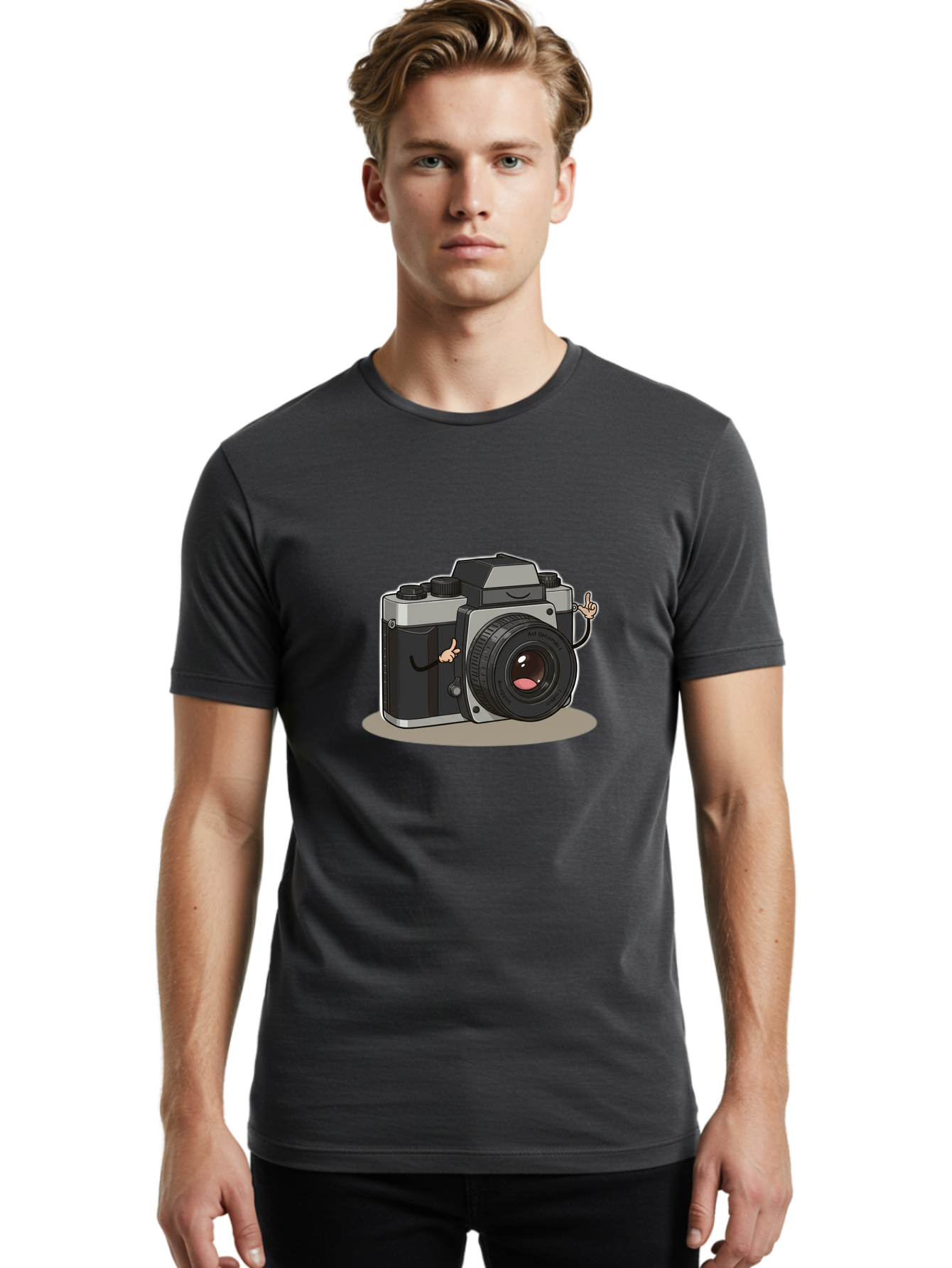 Camera-Character-1 Men'S Graphic Tee, 100% Cotton, Comfortable Casual Summer Wear, Machine Washable, Cartoon Camera, Character Design, Photography, Silver And Black Camera, Lens With Face, Hand Gestures, Funny, Quirky, Playful, Bae370 17