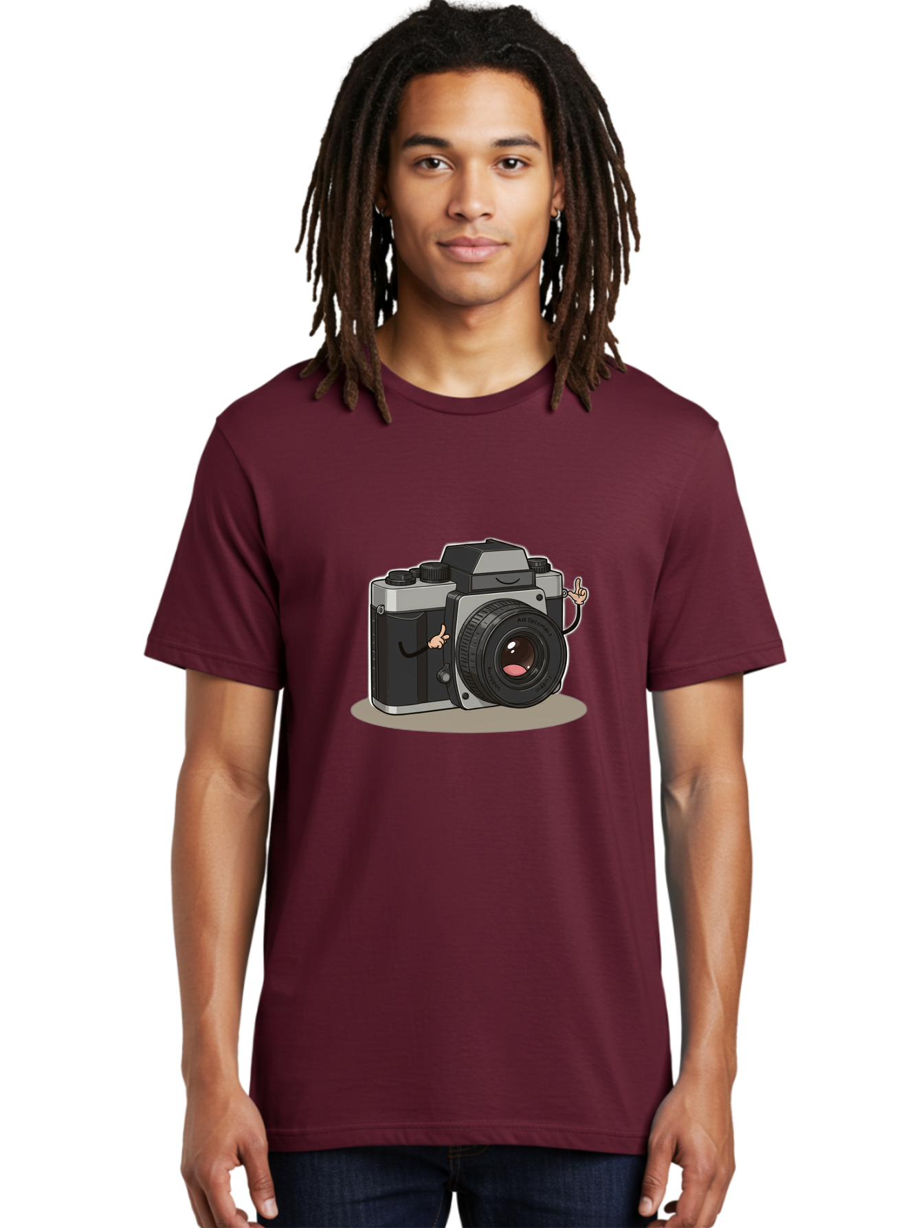 Camera-Character-1 Men'S Graphic Tee, 100% Cotton, Comfortable Casual Summer Wear, Machine Washable, Cartoon Camera, Character Design, Photography, Silver And Black Camera, Lens With Face, Hand Gestures, Funny, Quirky, Playful, Bae370 27