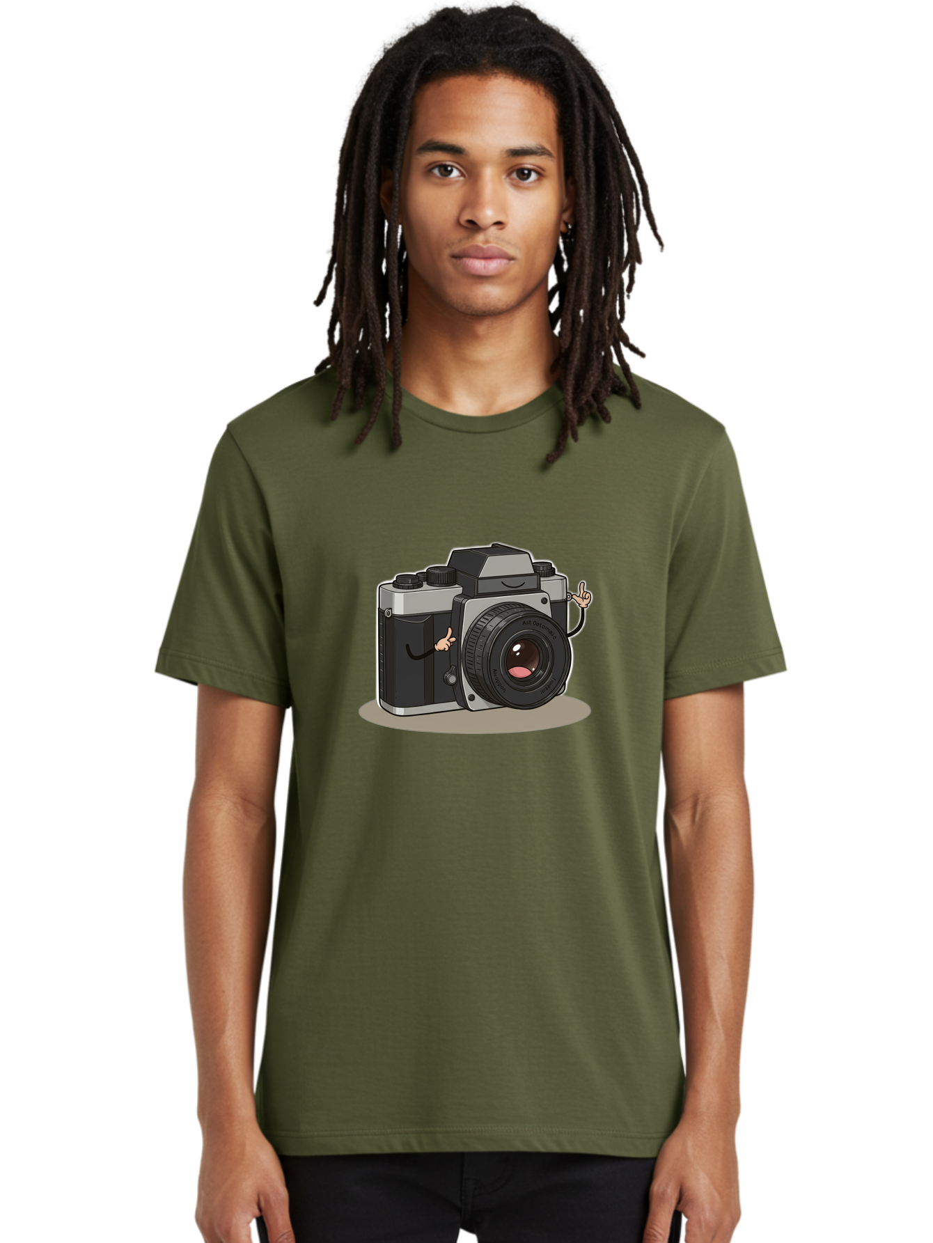 Camera-Character-1 Men'S Graphic Tee, 100% Cotton, Comfortable Casual Summer Wear, Machine Washable, Cartoon Camera, Character Design, Photography, Silver And Black Camera, Lens With Face, Hand Gestures, Funny, Quirky, Playful, Bae370 19