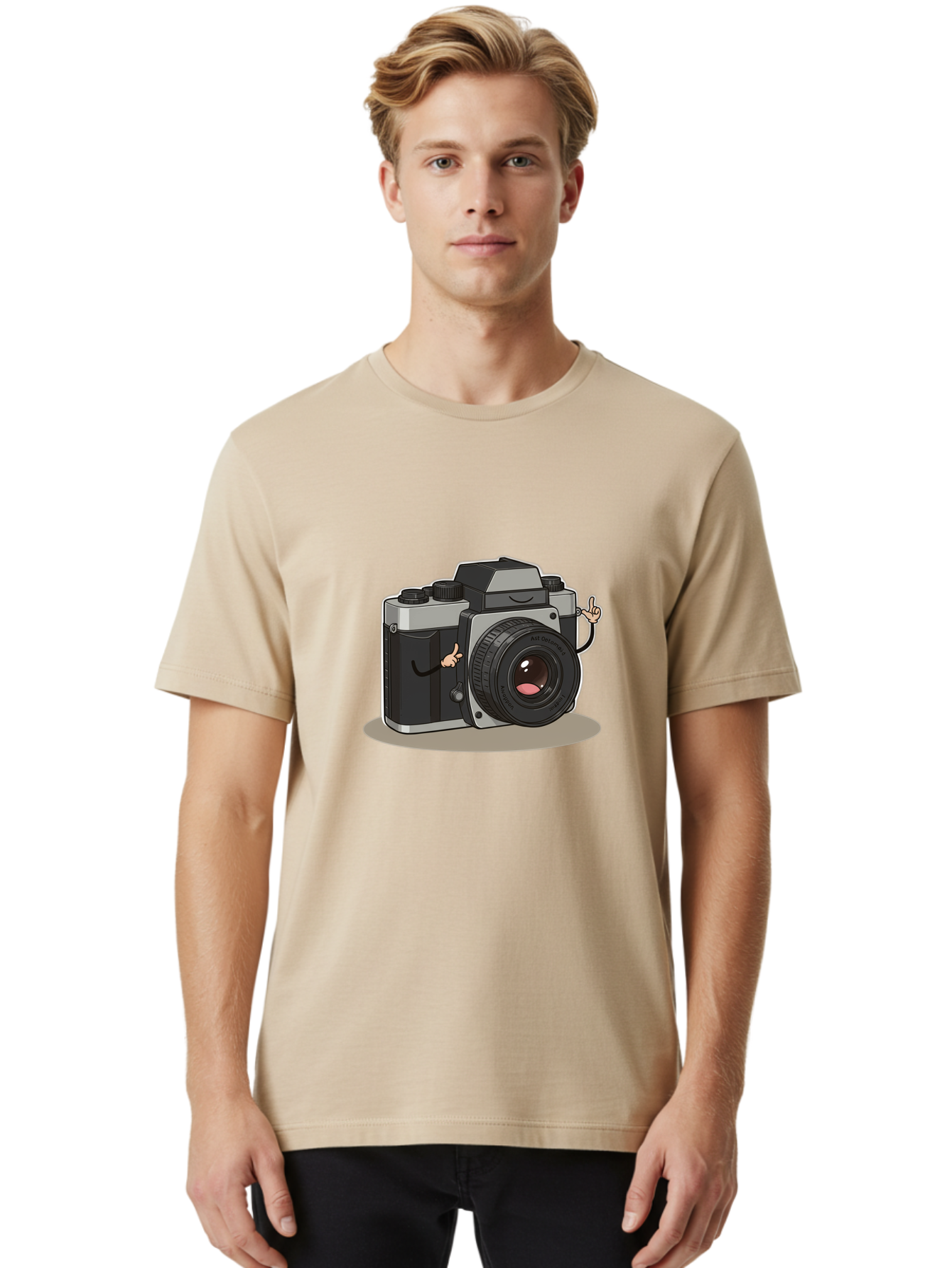 Camera-Character-1 Men'S Graphic Tee, 100% Cotton, Comfortable Casual Summer Wear, Machine Washable, Cartoon Camera, Character Design, Photography, Silver And Black Camera, Lens With Face, Hand Gestures, Funny, Quirky, Playful, Bae370 16