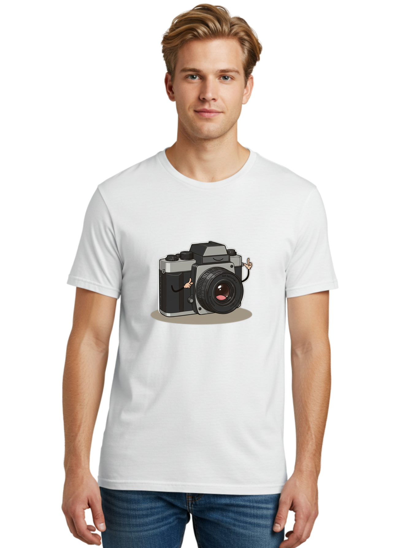 Camera-Character-1 Men'S Graphic Tee, 100% Cotton, Comfortable Casual Summer Wear, Machine Washable, Cartoon Camera, Character Design, Photography, Silver And Black Camera, Lens With Face, Hand Gestures, Funny, Quirky, Playful, Bae370 30
