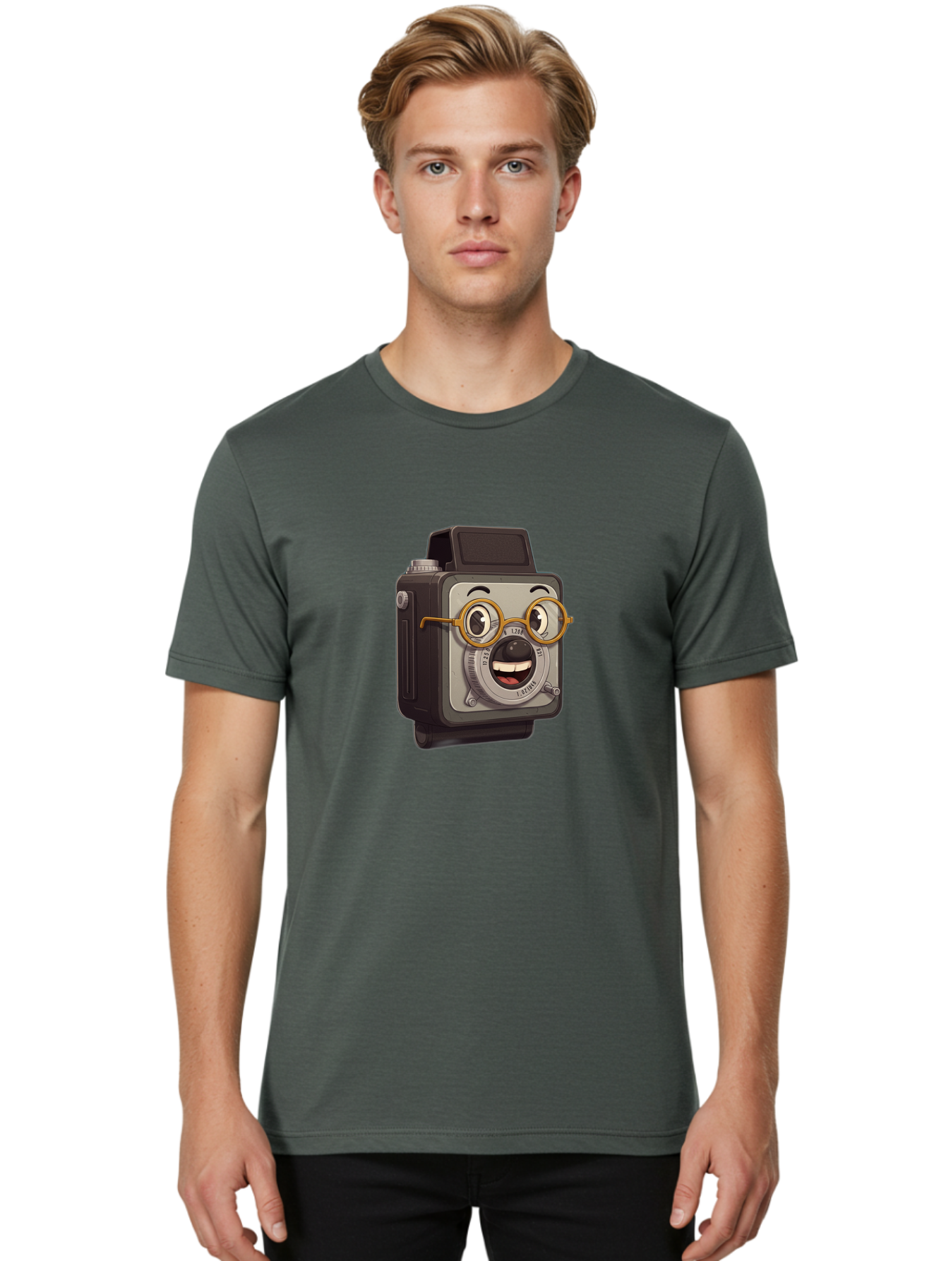 Camera-Character Men'S Graphic Tee, 100% Cotton, Comfortable Casual Summer Wear, Machine Washable, Cartoon Camera, Anthropomorphic Design, Funny Glasses, Goofy Expression, Comedic Character, Playful Illustration, Quirky Personality, Bae371 17