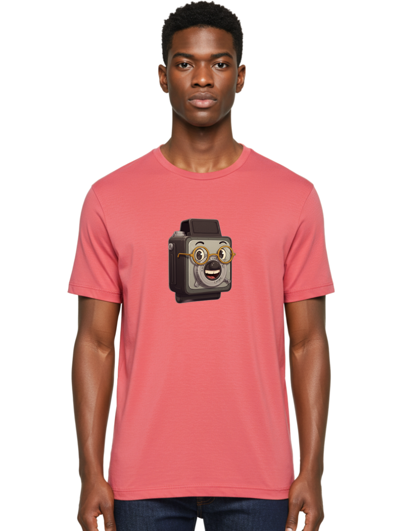 Camera-Character Men'S Graphic Tee, 100% Cotton, Comfortable Casual Summer Wear, Machine Washable, Cartoon Camera, Anthropomorphic Design, Funny Glasses, Goofy Expression, Comedic Character, Playful Illustration, Quirky Personality, Bae371 21