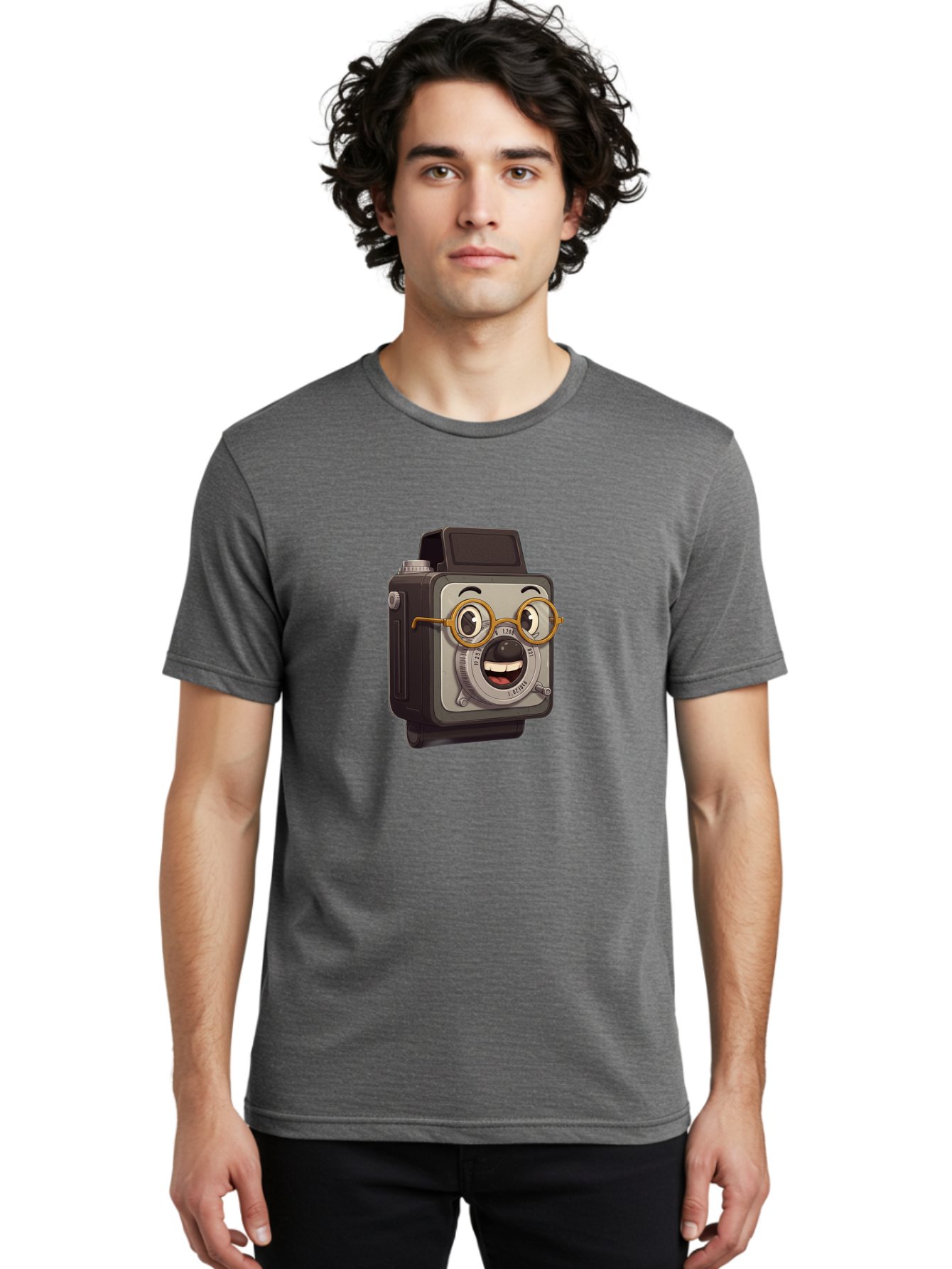 Camera-Character Men'S Graphic Tee, 100% Cotton, Comfortable Casual Summer Wear, Machine Washable, Cartoon Camera, Anthropomorphic Design, Funny Glasses, Goofy Expression, Comedic Character, Playful Illustration, Quirky Personality, Bae371 20