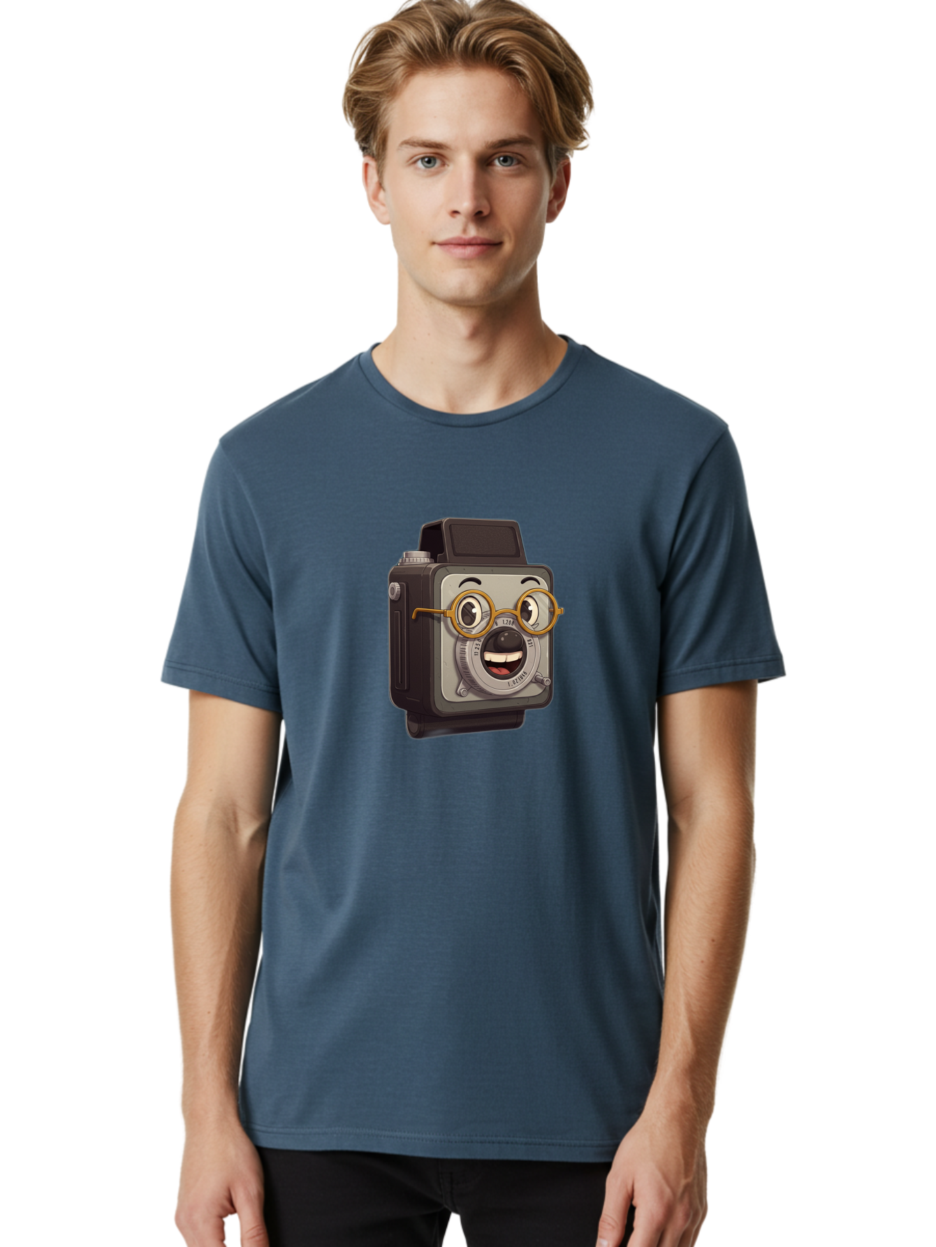 Camera-Character Men'S Graphic Tee, 100% Cotton, Comfortable Casual Summer Wear, Machine Washable, Cartoon Camera, Anthropomorphic Design, Funny Glasses, Goofy Expression, Comedic Character, Playful Illustration, Quirky Personality, Bae371 24