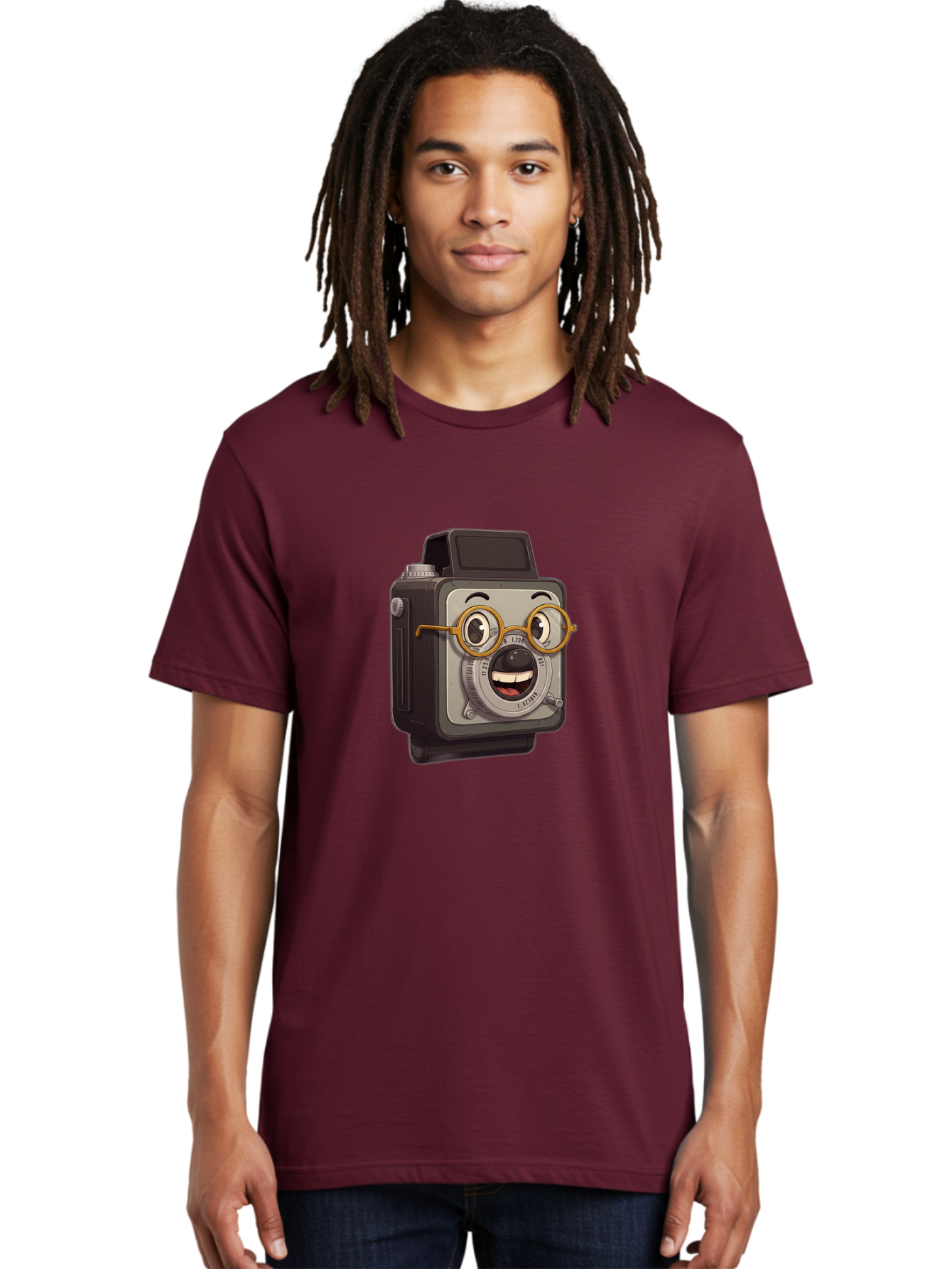 Camera-Character Men'S Graphic Tee, 100% Cotton, Comfortable Casual Summer Wear, Machine Washable, Cartoon Camera, Anthropomorphic Design, Funny Glasses, Goofy Expression, Comedic Character, Playful Illustration, Quirky Personality, Bae371 29