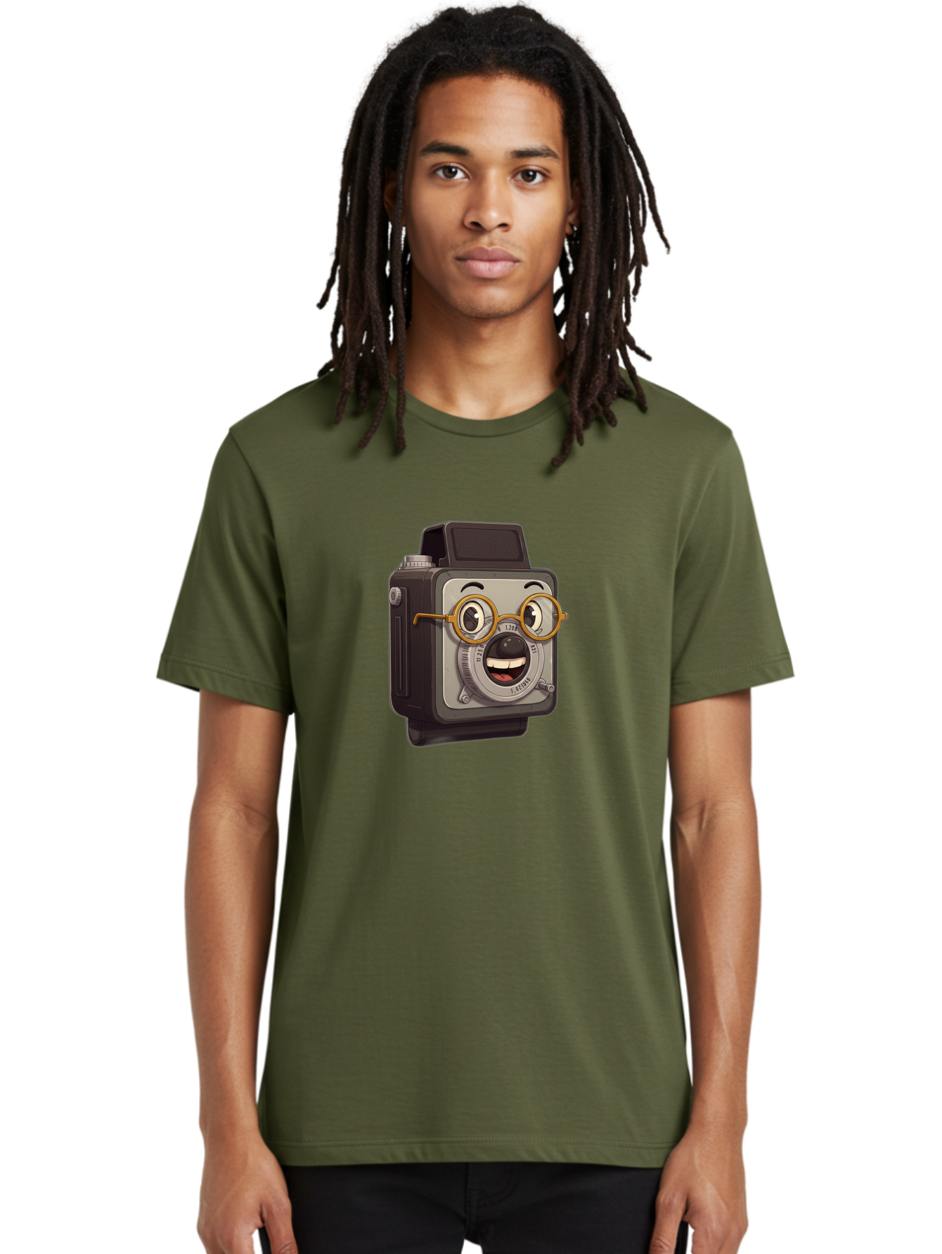 Camera-Character Men'S Graphic Tee, 100% Cotton, Comfortable Casual Summer Wear, Machine Washable, Cartoon Camera, Anthropomorphic Design, Funny Glasses, Goofy Expression, Comedic Character, Playful Illustration, Quirky Personality, Bae371 16